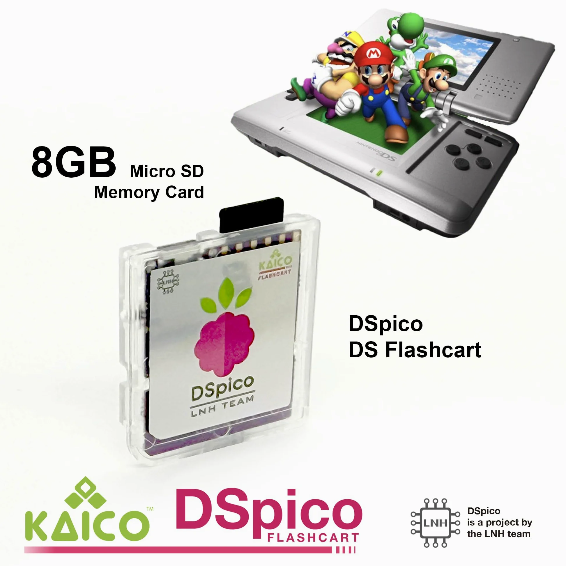 Kaico DSPico DS Flash Cart/Flash Card (R4 Upgrade) for Nintendo DS/DSi – 8GB MicroSD Included, LNH Open-Source RP2040 Design, Dual Power, 6MB/s SD Read, DS Mode & Pico Launcher Support