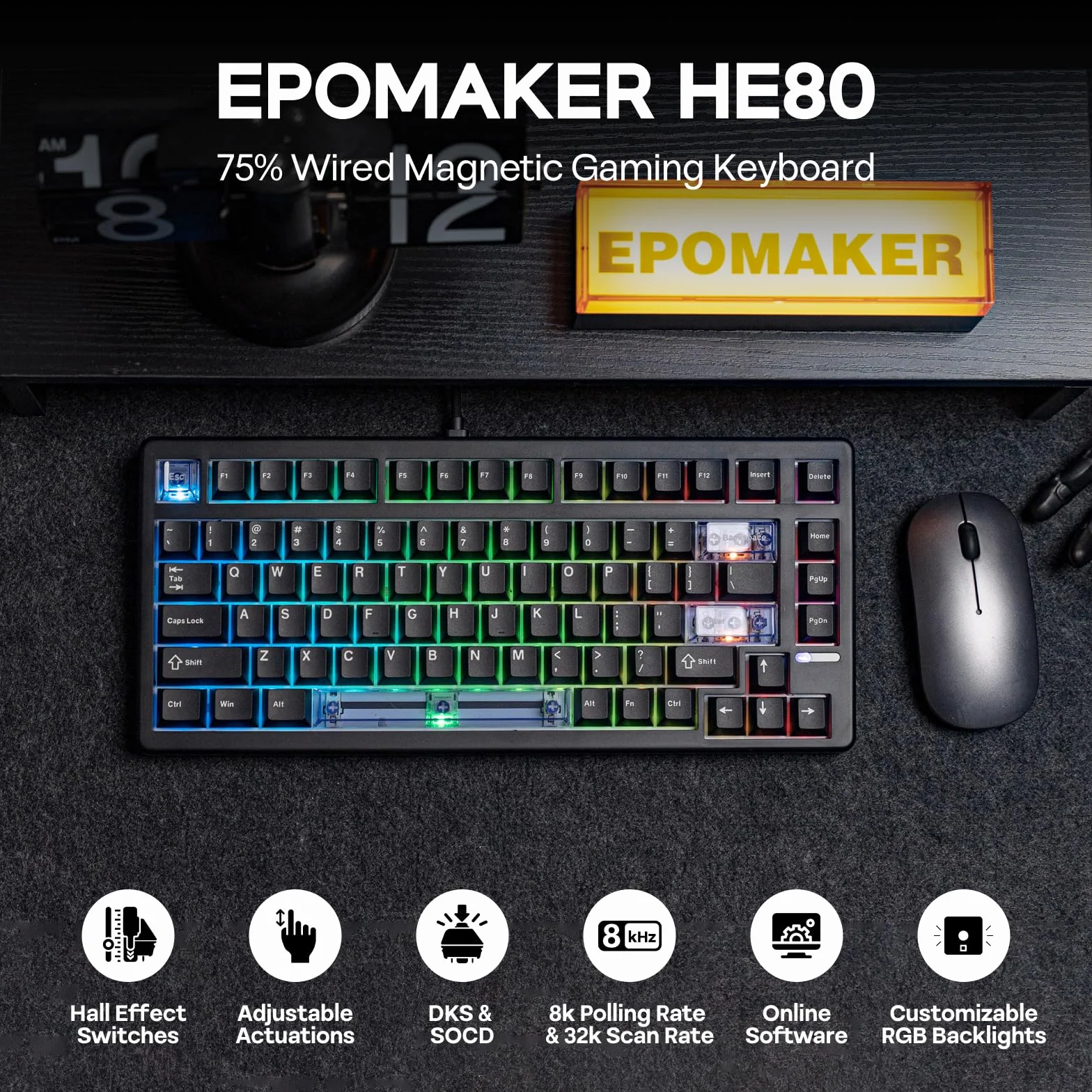 EPOMAKER HE80 Teclado para Juegos con Hall Effect, Sondeo de 8000Hz y Escaneo de 32K,Gasket Suave,DKS,SOCD, RGB,Hot-Swappable,Teclado Mecánico con Cable para PC y Mac (Negro, Magnetic Linear Switch)