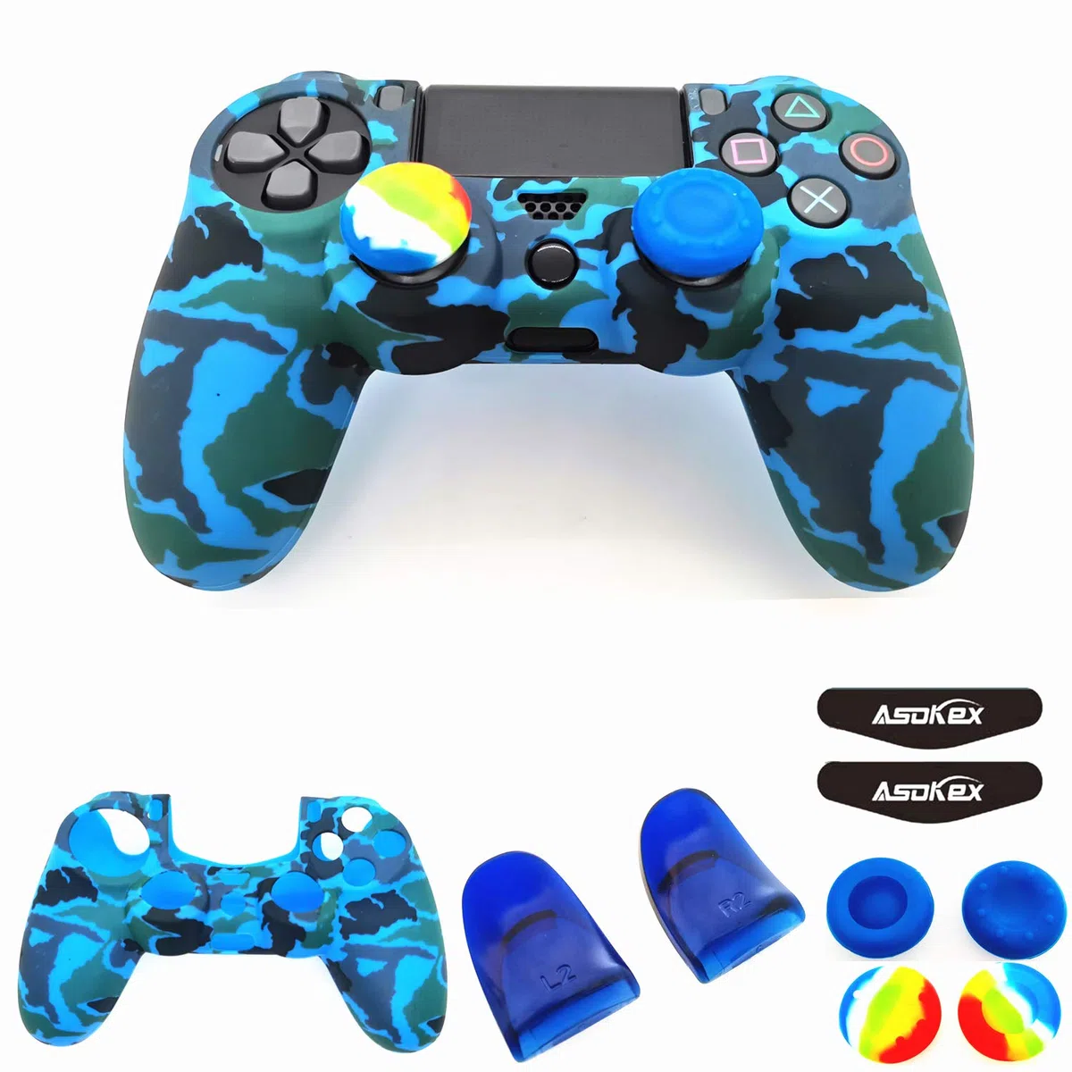 Funda de silicona para controlador PS4 (1 funda antideslizante, 1 par de extensores de gatillo L2 R2, 4 agarres para el pulgar, 4 calcomanías de barra de luz LED), protector para controlador DualShock