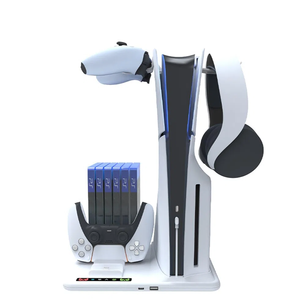 Soporte de refrigeración para PS5 Slim con estación de Carga de Controladores duales PS5, estación de enfriamiento para PS5 Slim Consola con Ranura para 6 Discos de Juego, con 2 colgadores