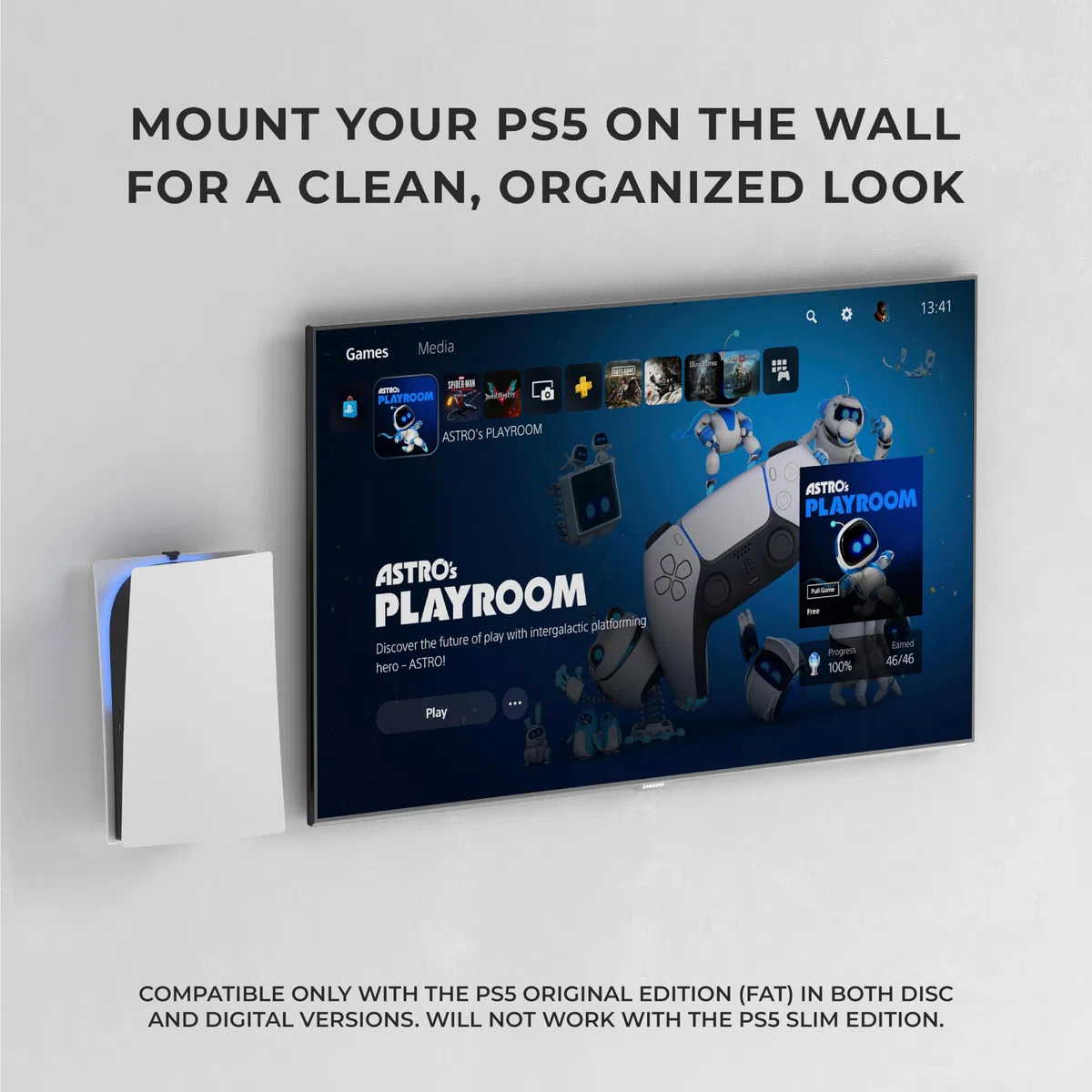 HumanCentric Soporte de Pared Compatible con PS5 Fat Original con 2 Soportes para mandos, Soporte de Metal de Pared de PS5 Fat, para versión Disco y Digital, no Compatible con PS5 Slim
