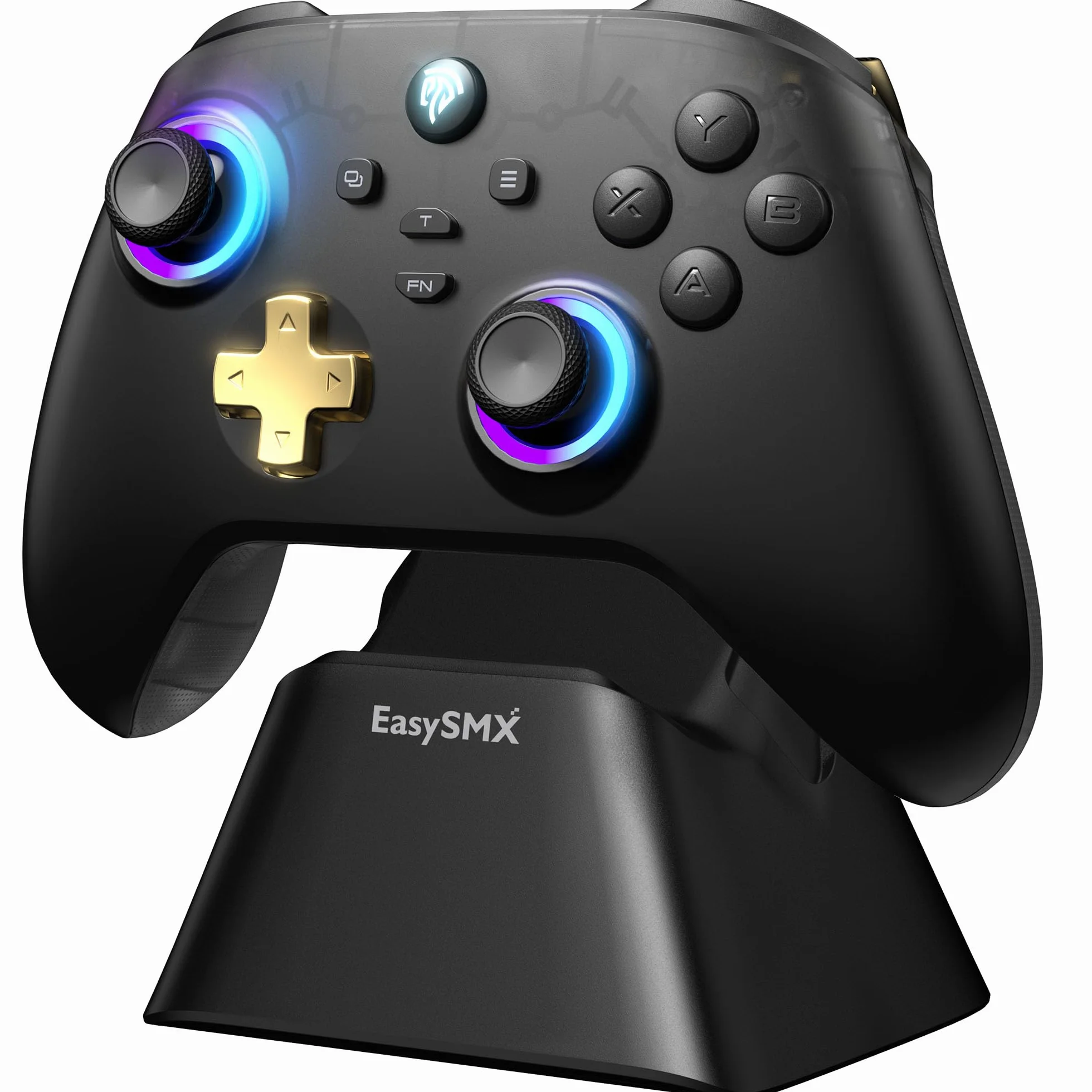 EasySMX D05 Mando PC Inalambrico con Base de Carga - RGB Luz - Hall Joystick - Hall Trigger, Gamepad con 1000 mAh Batería Recargable- Vibración - Turbo- para PC/Switch/Móvil - Negro