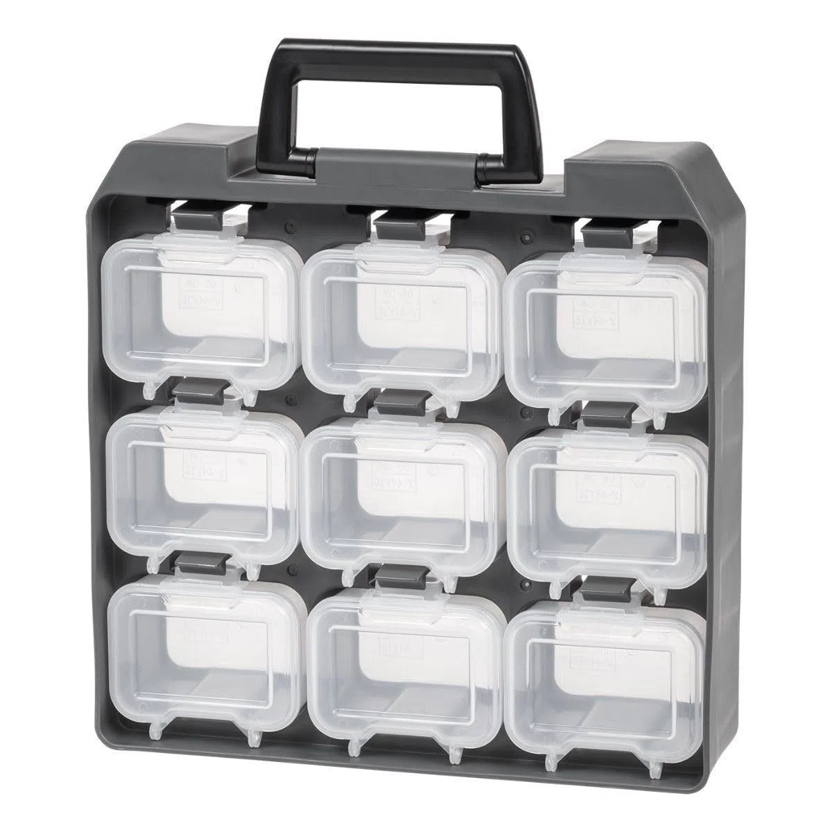 Iris Ohyama, Caja de almacenamiento de bricolaje, 9 compartimentos de Tornillo extraíbles, soporte para cinturón, garaje - Unit Case UC-9 - Gris/Negro