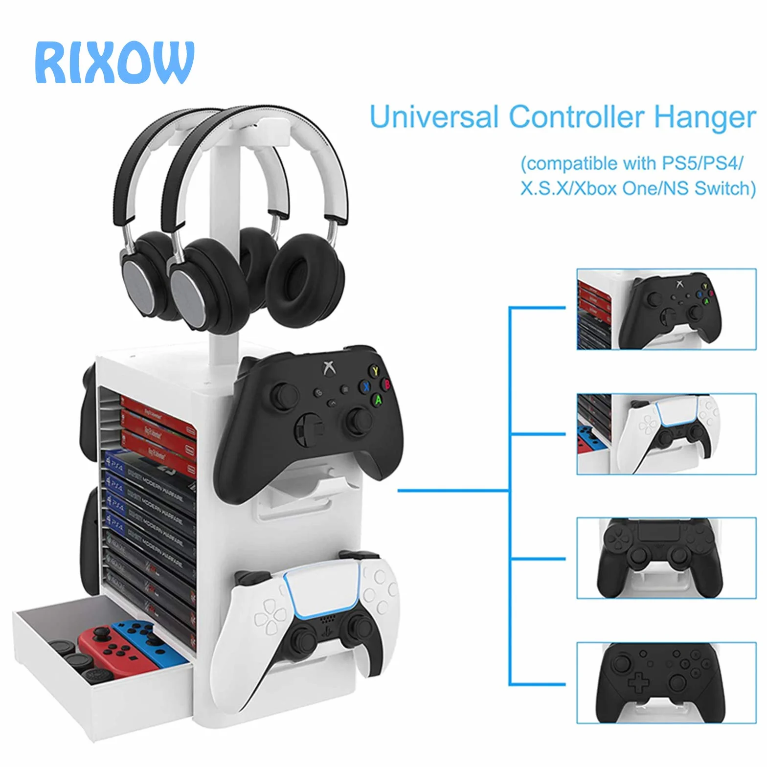 Soporte Multifuncional de Almacenamiento de Juegos, Rack de Almacenamiento en Disco de 10 Juegos con Cajón, Soporte para Controlador Auricular Compatible con PS5 PS4 Xbox Series, Gris Claro