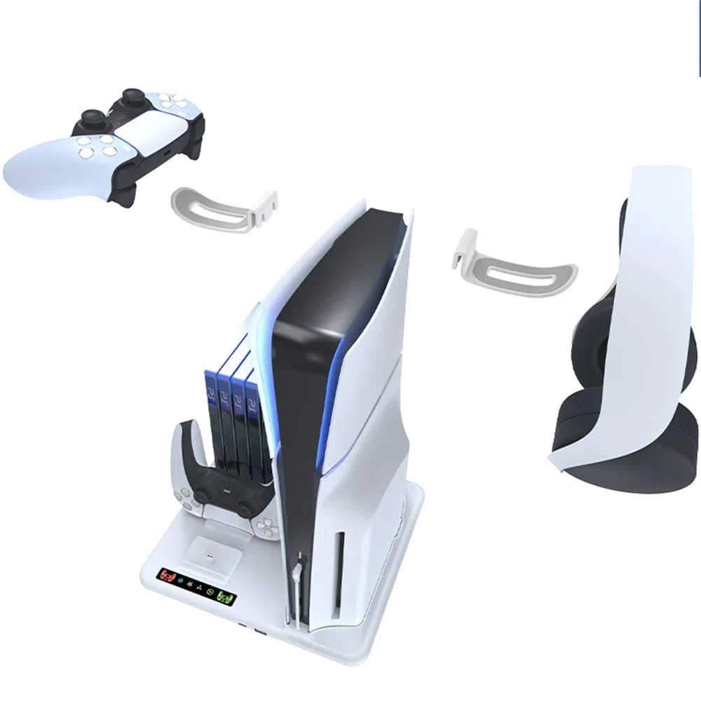 Soporte de refrigeración para PS5 Slim con estación de Carga de Controladores duales PS5, estación de enfriamiento para PS5 Slim Consola con Ranura para 6 Discos de Juego, con 2 colgadores