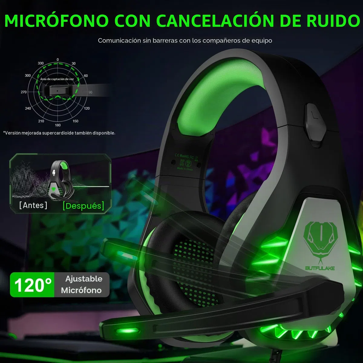 Pacrate Auriculares para Videojuegos 2023 - PS4 PS5 PC Xbox One, Xbox Series X - LED Clarity Sound con Micrófono de Cancelación de Ruido de 3,5 mm (Negro Verde)