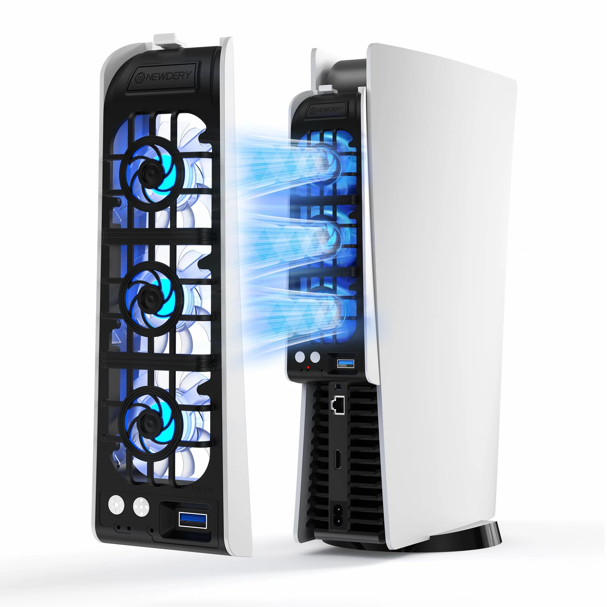 NEWDERY Ventilador para Accesorios de PS5. Ventilador silencioso Mejorado, Velocidad Ajustable automáticamente según la Temperatura, luz RGB dinámica, Compatible con PlayStation 5