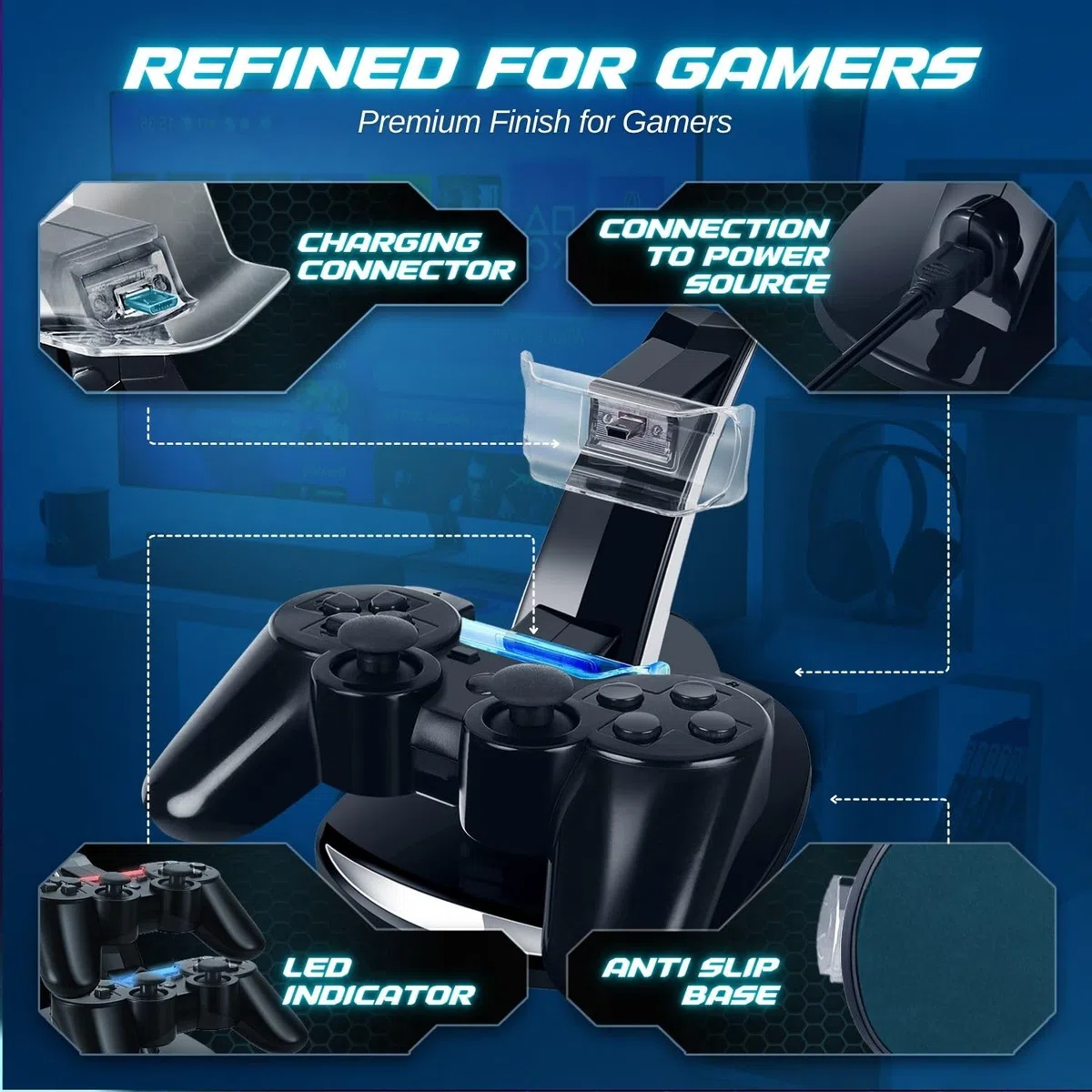 Base de Carga para Controlador PS3 de TNP para Sony PlayStation 3 Controlador Dualshock 3 Carga, Estaci�n de Acoplamiento de 2 Niveles y 2 Puertos compatibles con Cable USB PS3 con