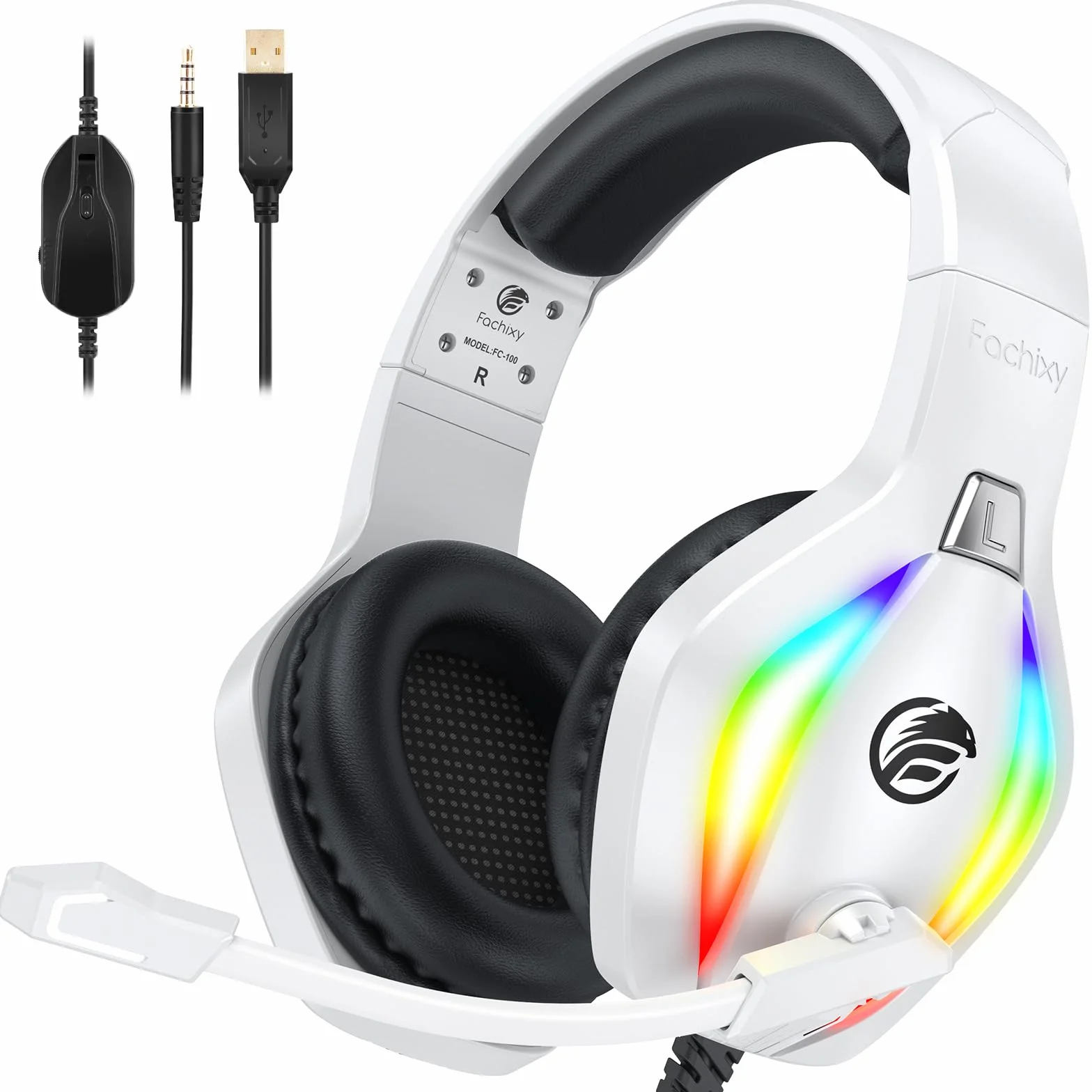 Fachixy FC100 Cascos Gaming para PS4/PS5/PC/Xbox One/Switch, Auriculares Gaming Cancelación de Ruido, Cascos con Microfono Estéreo Sonido, Cascos PS4 con 3.5mm Jack con Luz RGB