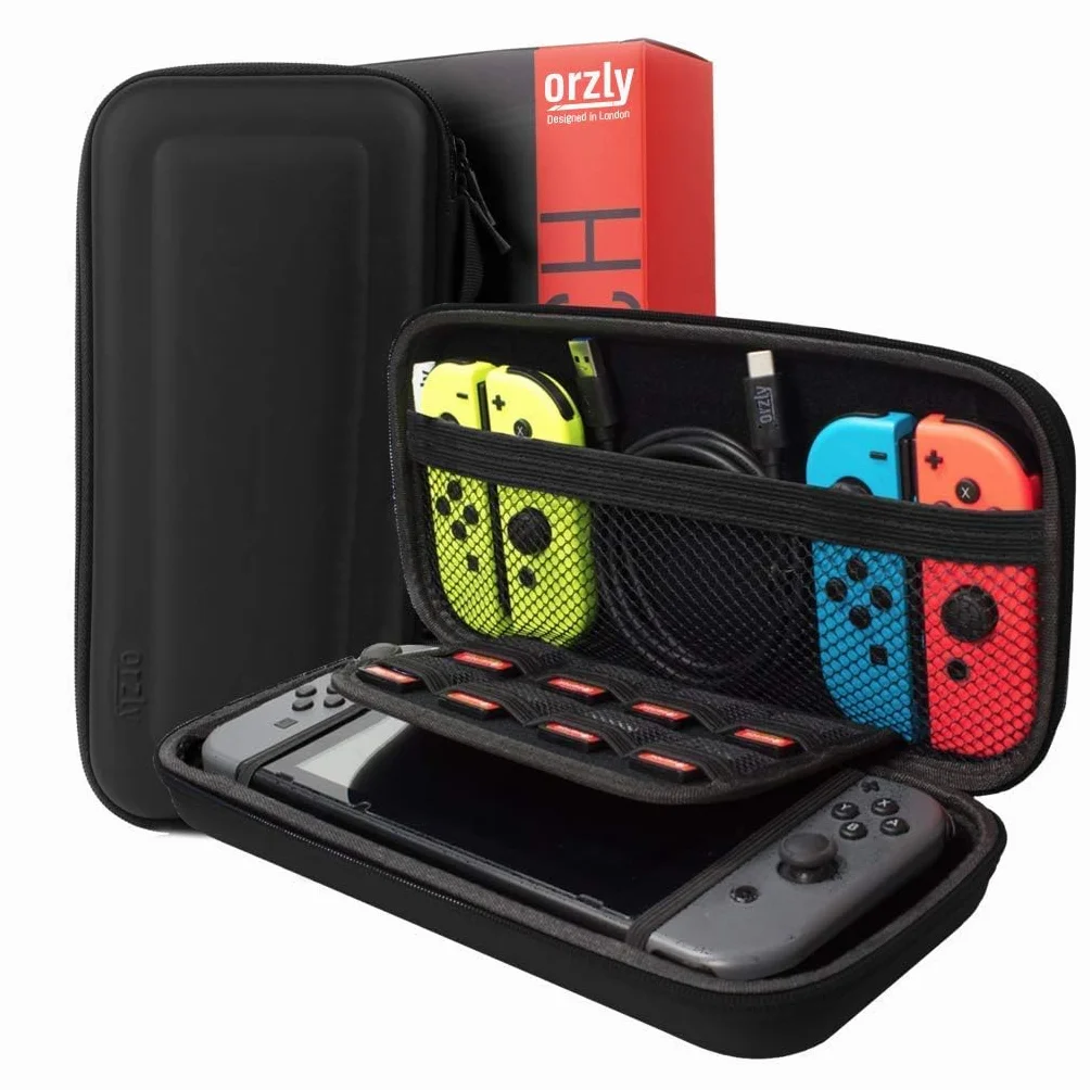 Orzly PACK ESENCIAL de Accesorios para Nintendo Switch [Incluye: Protectores de Pantalla, Cable USB, Funda para Consola, Estuche Tarjetas de Juego, Funda Comfort Grip, Auriculares] – NEGRO