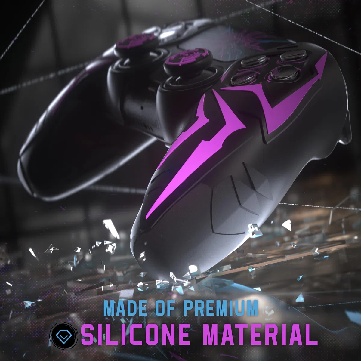 PlayVital Funda de Silicona para ps5 Mando - Diseño Cyber Spider, Antideslizante y Antigolpes, Incluye 2 Agarre de Pulgar y 6 Stickers, Compatible con ps5 Estación de Carga Oficial (Negro & Violeta)