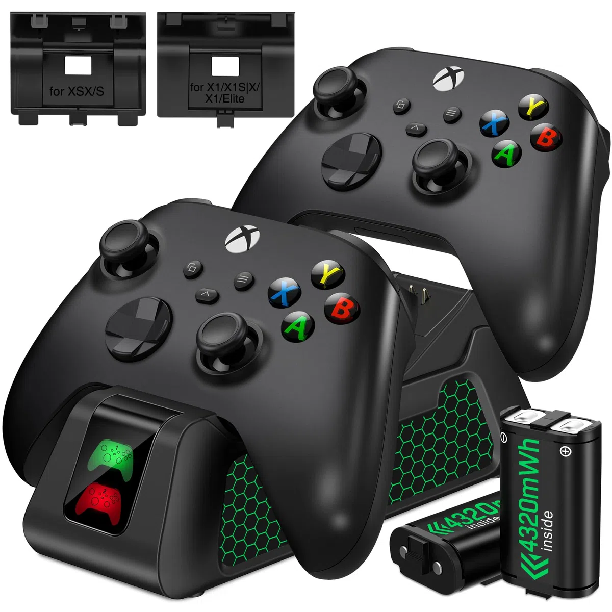 Batería recargable para controlador Xbox con estación de carga, paquete de batería para Xbox Serie X/S/Xbox One/One S/X/Elite con 4 tapas de batería (sin controlador)
