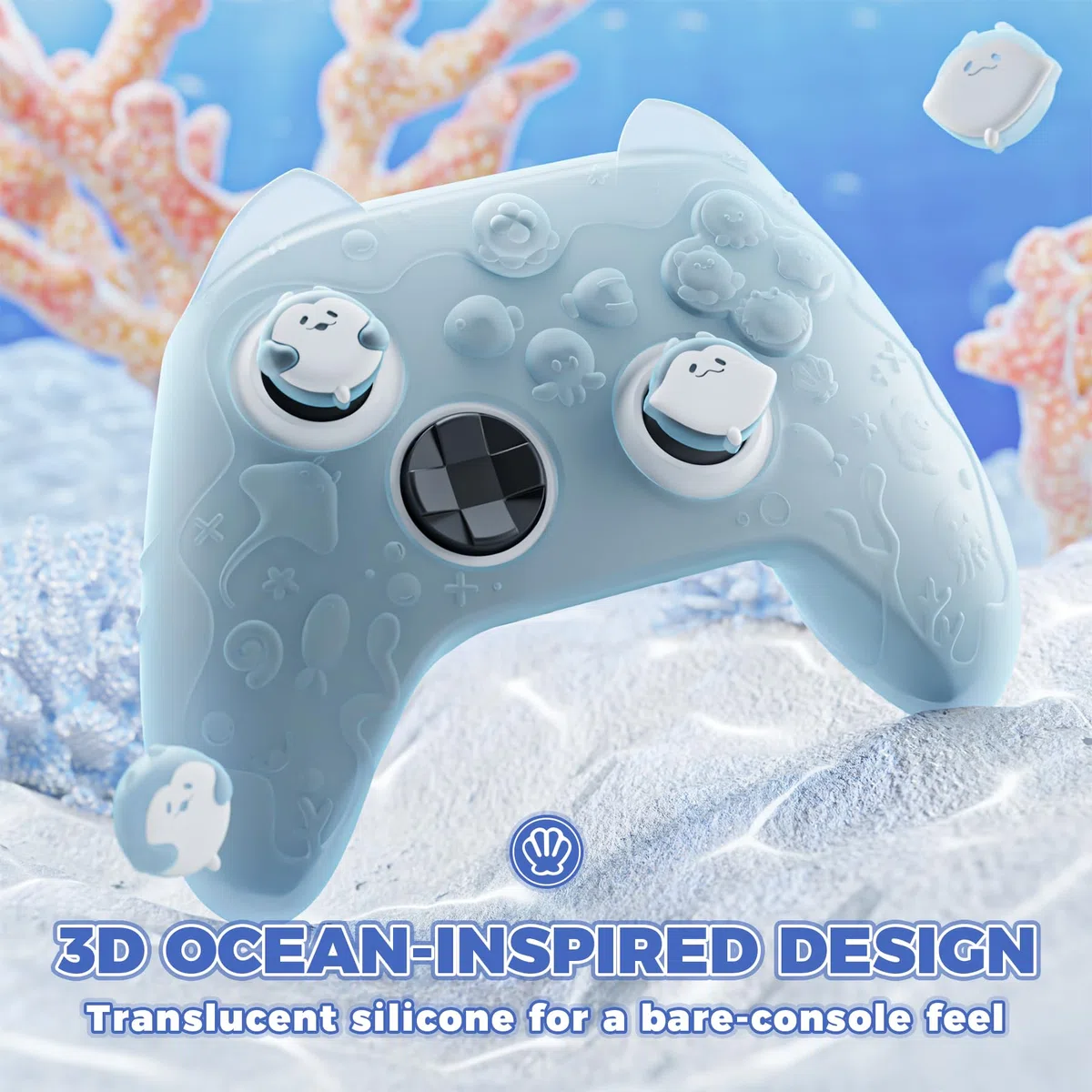 PlayVital Funda de Silicona para Xbox Series S/X Mando, Carcasa Protectora Antideslizante Semi-Transparente, Protección Completa, Incluye Thumb Grips y Sticker - Cute Ocean Whisper (Azul Menta)