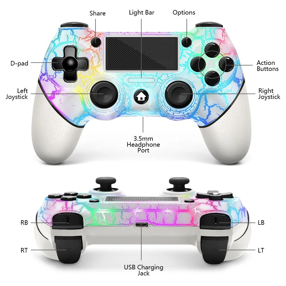 AceGamer Mando Inalámbrico para PS4, Con Luces RGB, Jack de Audio de 3.5mm, Joystick Gamepad V2 Compatible con PS4 / Slim/Pro y Windows PC (Blanco)