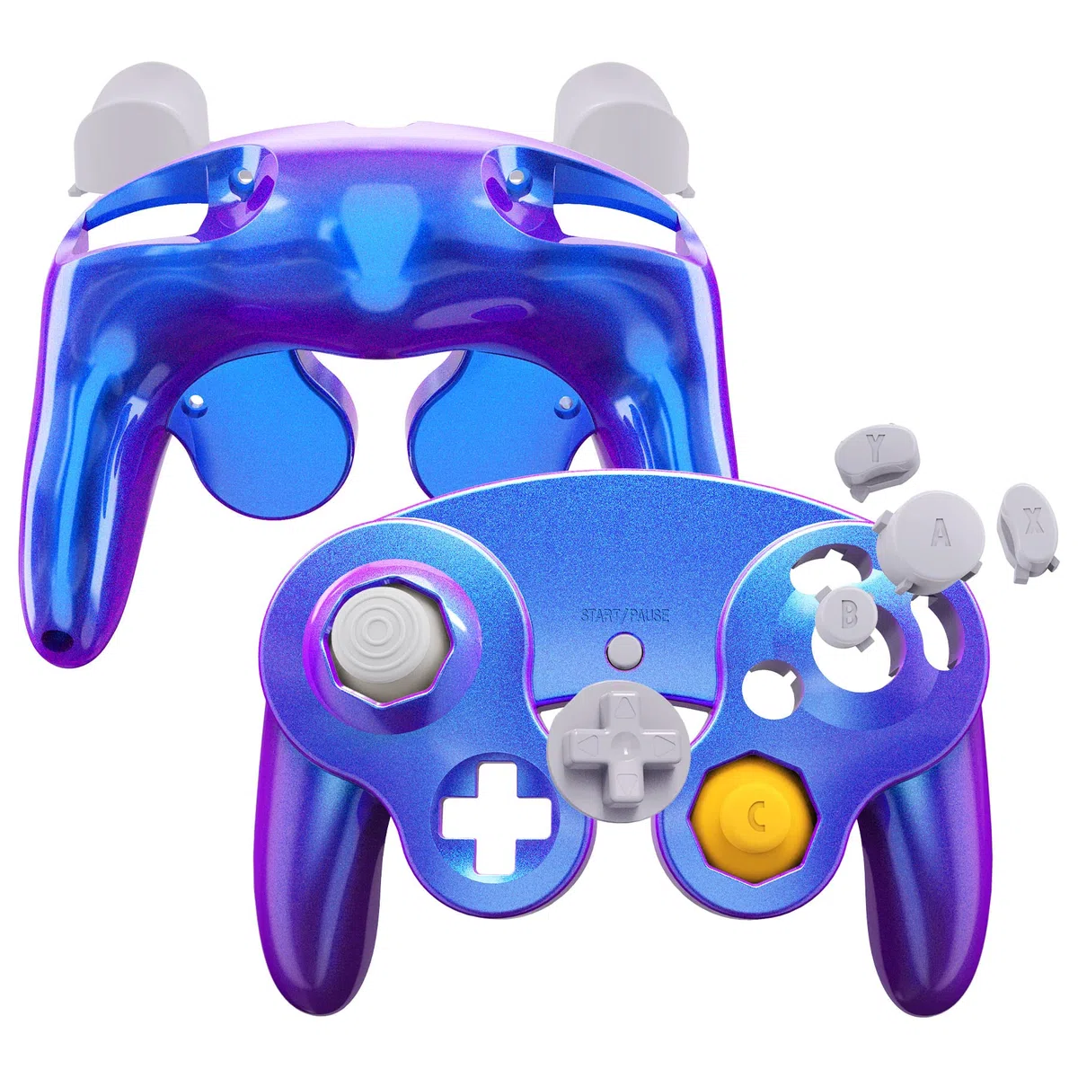 eXtremeRate Carcasa para Nintendo Gamecube Mando, Cubierta Frontal y Placa Posterior, Agarre con Botones, Accesorios de Repuesto - No Incluye Controlador, Azul a Violeta
