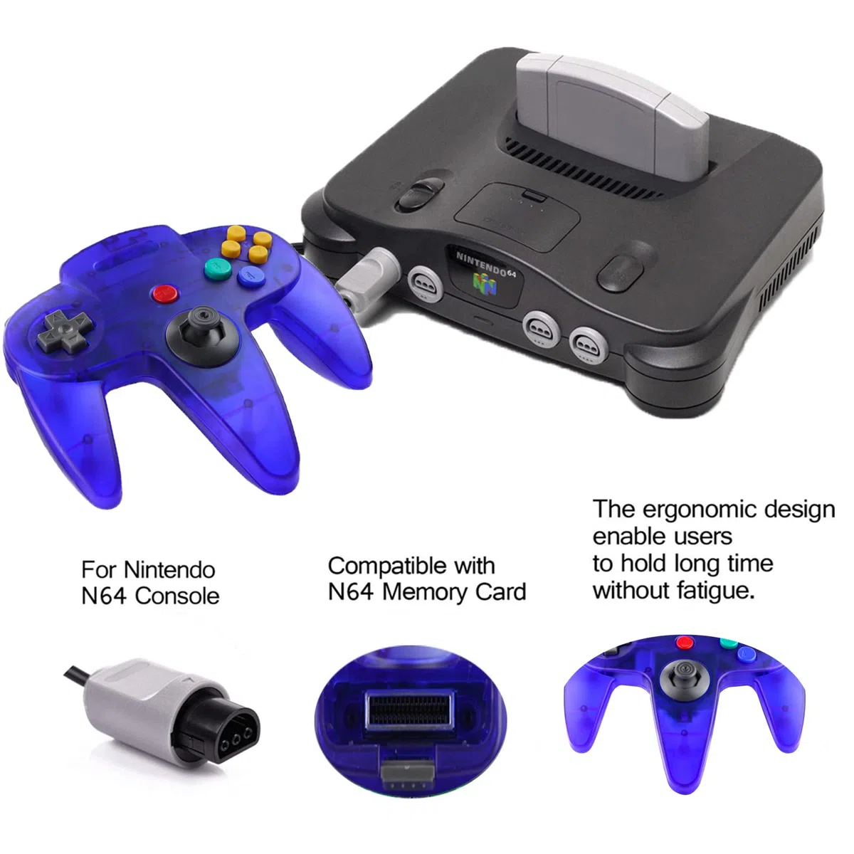 Hovlian Paquete de 2 mandos clásicos, con cable de 64 bits para consola N64 (azul transparente y morado transparente)