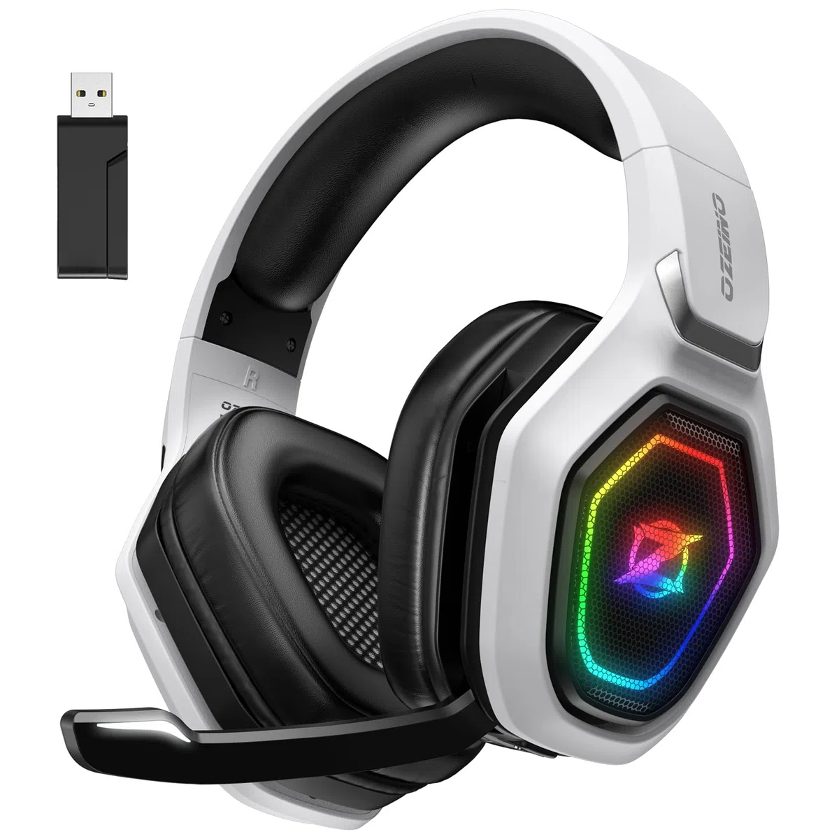 Ozeino Cascos Gaming Inalámbricos para PC/Ps5/Ps4, Auriculares Gaming Inalámbricos de 2,4GHz Wireless+Bluetooth, Baja Latencia Calidad de Sonido sin Pérdidas, Duración 30Hr+ Blanco