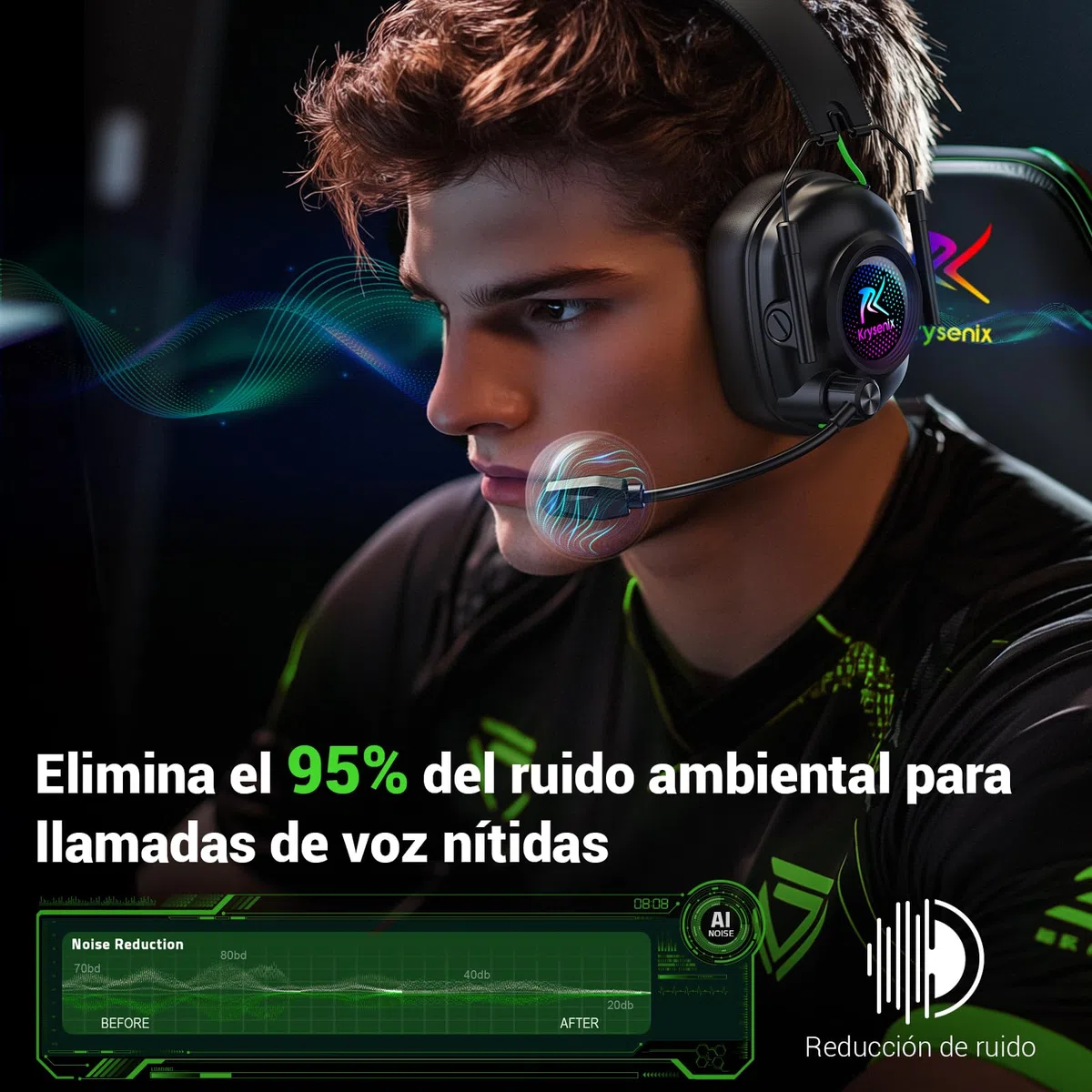 Krysenix KGH2 Cascos Gaming Inalámbricos, 2.4 GHz Auriculares Gaming para PS4, PS5, PC, Mac, Switch, Auriculares Bluetooth con Micrófono, Cancelación de Ruido, Luz LED y Duración 40Hr+, Negro