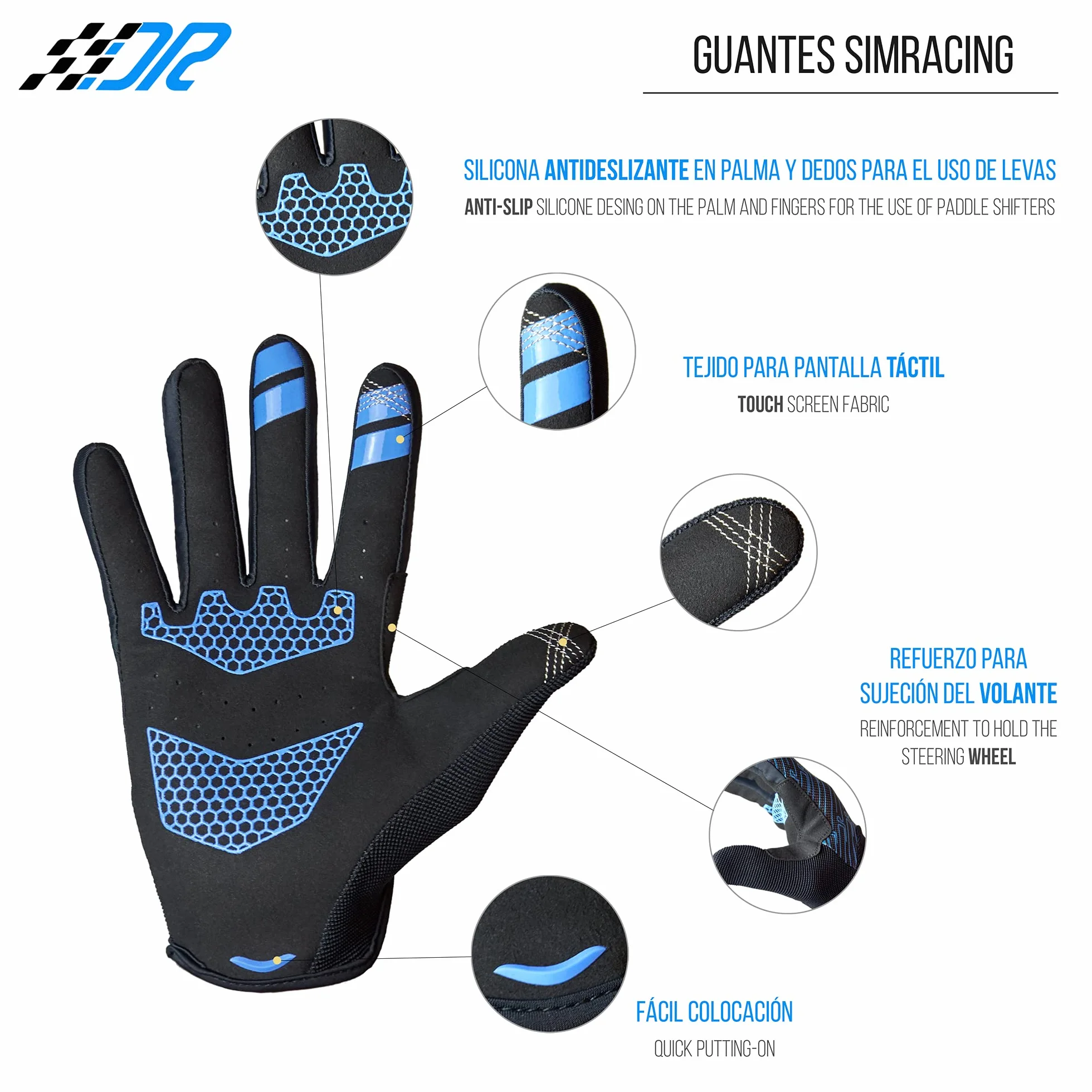 Guantes SIMRACING Aptos para Pantalla táctil | Refuerzo en la Palma | Silicona Antideslizante para Agarre óptimo | Ligeros y Transpirables | Diseñados para Amantes de simuladores