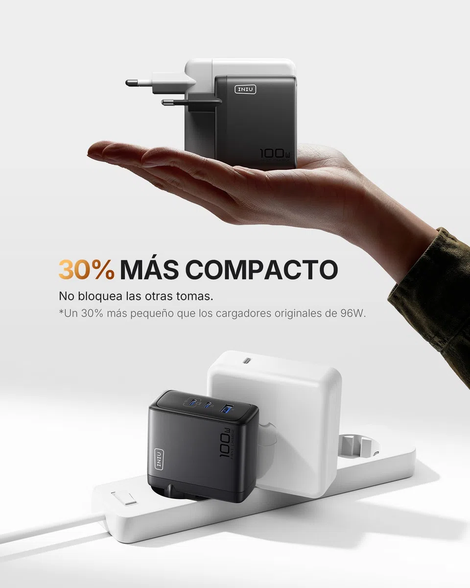INIU Cargador USB C GaN 100W, 3-Puertos Cargador Rápido Compacto con Cable USB C de 100W 1.5m, Cargador de Viaje para Portátil MacBook Pro Air 14, iPhone 17 16 Pro Max iPad Samsung S26 S25 Ultra Pixel