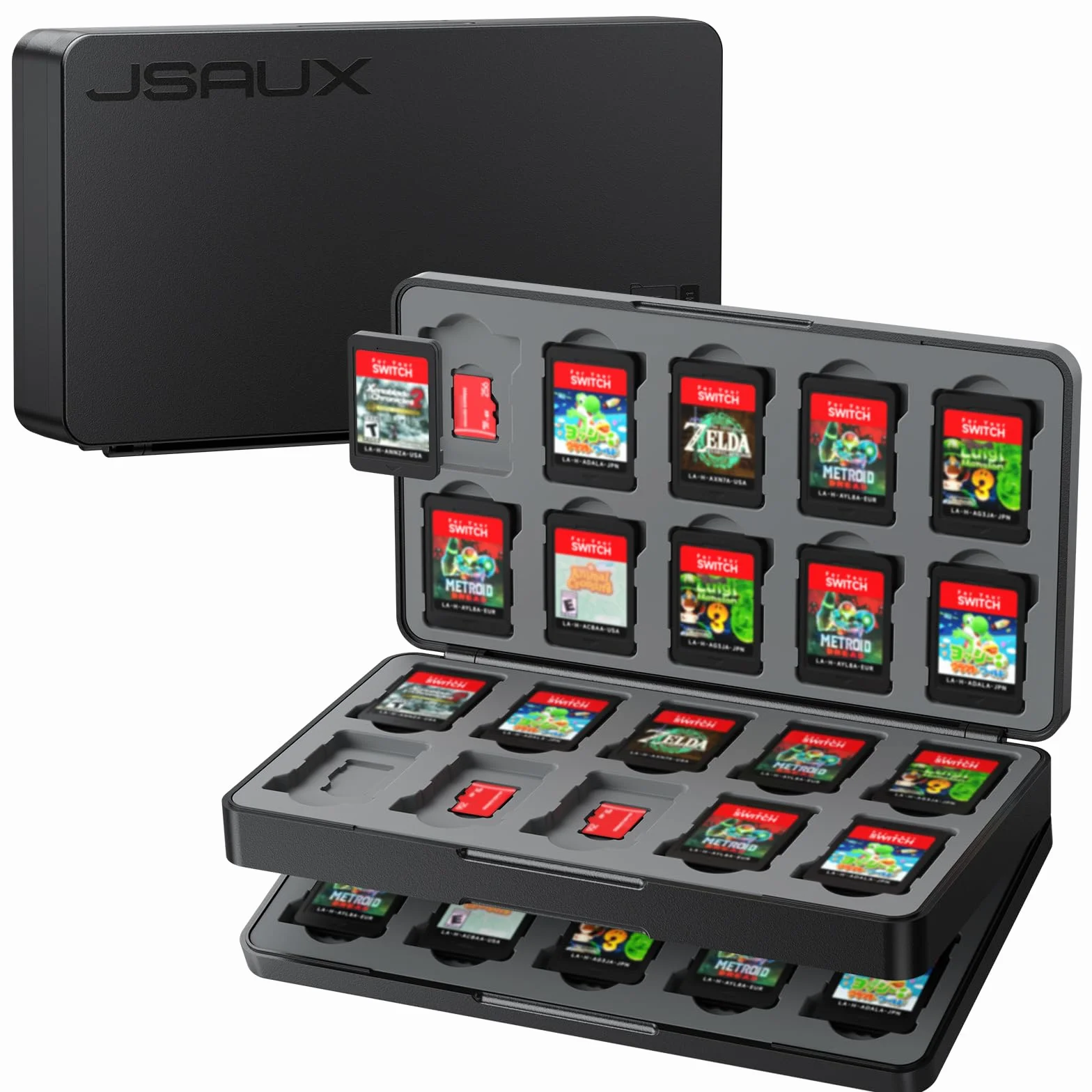 JSAUX Caja para Tarjetas de Juego Compatible con Nintendo Switch 2 (2025), Switch OLED y Lite, Game Card Case Estuche rígido para 40 Cartuchos y Tarjetas Micro SD, Accesorio para Switch – Negro