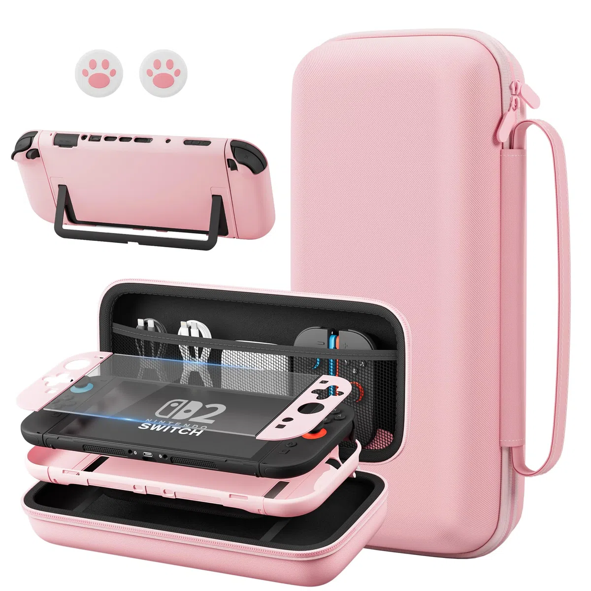 FANPL Paquete de funda rosa para Nintendo Switch 2 (2025) accesorios, funda rígida portátil con piel protectora, protector de pantalla, 2 agarres para el pulgar