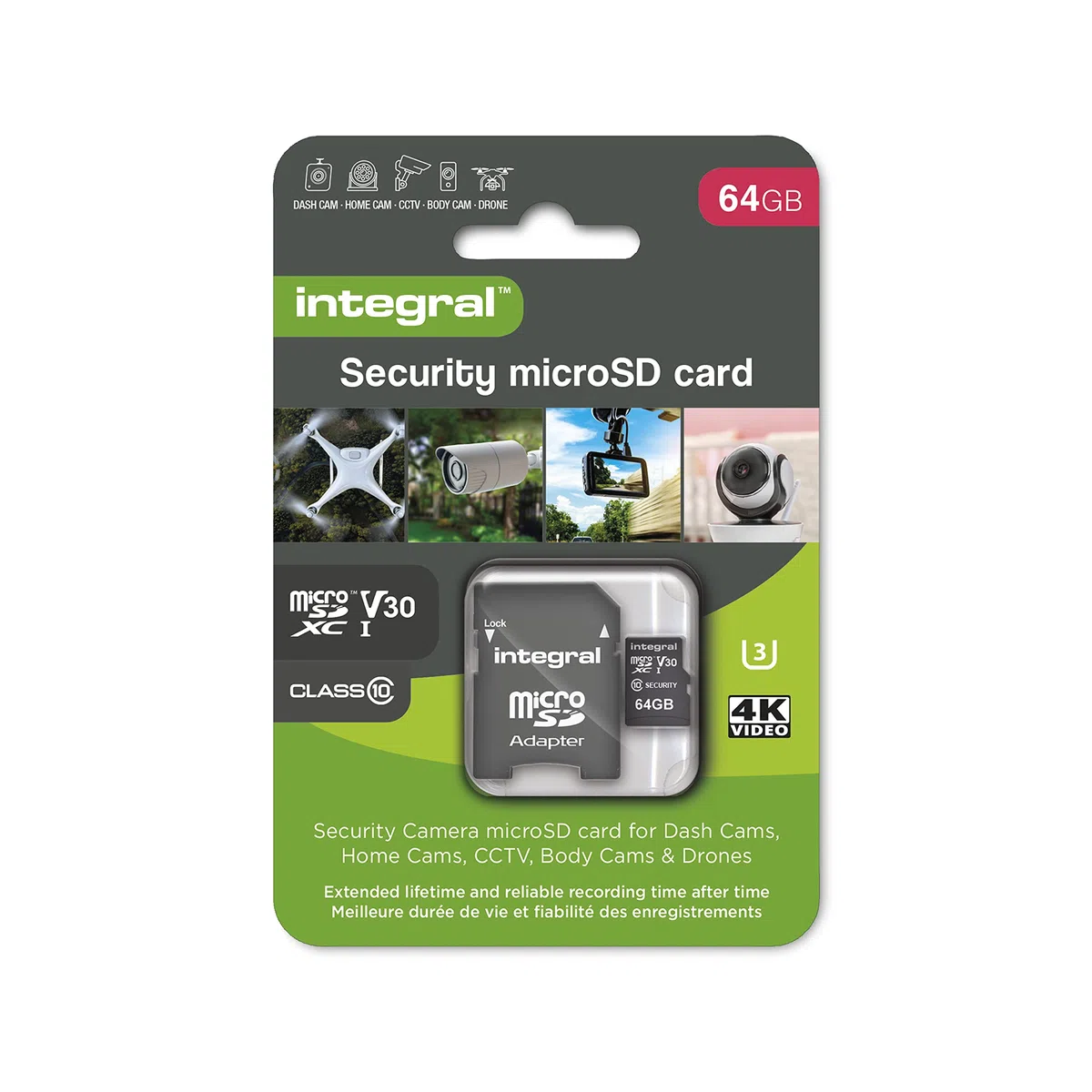 Integral tarjeta de seguridad Micro SD 64GB para dash-cams cámaras domésticas CCTV cámaras corporales y drones. Vida útil prolongada y grabación de confianza en todo momento de alta resistencia