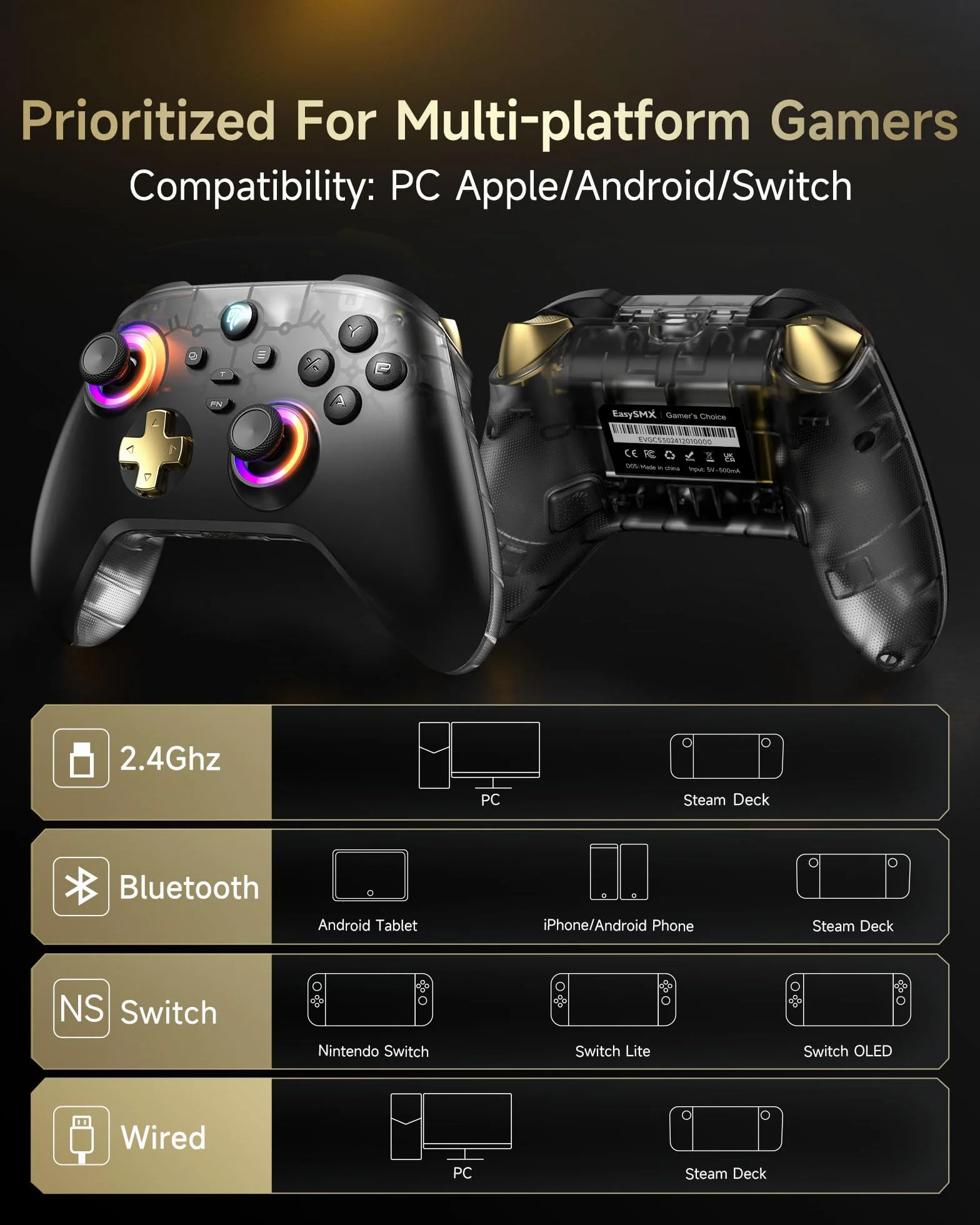 EasySMX D05 Mando PC Inalambrico con Base de Carga - RGB Luz - Hall Joystick - Hall Trigger, Gamepad con 1000 mAh Batería Recargable- Vibración - Turbo- para PC/Switch/Móvil - Negro