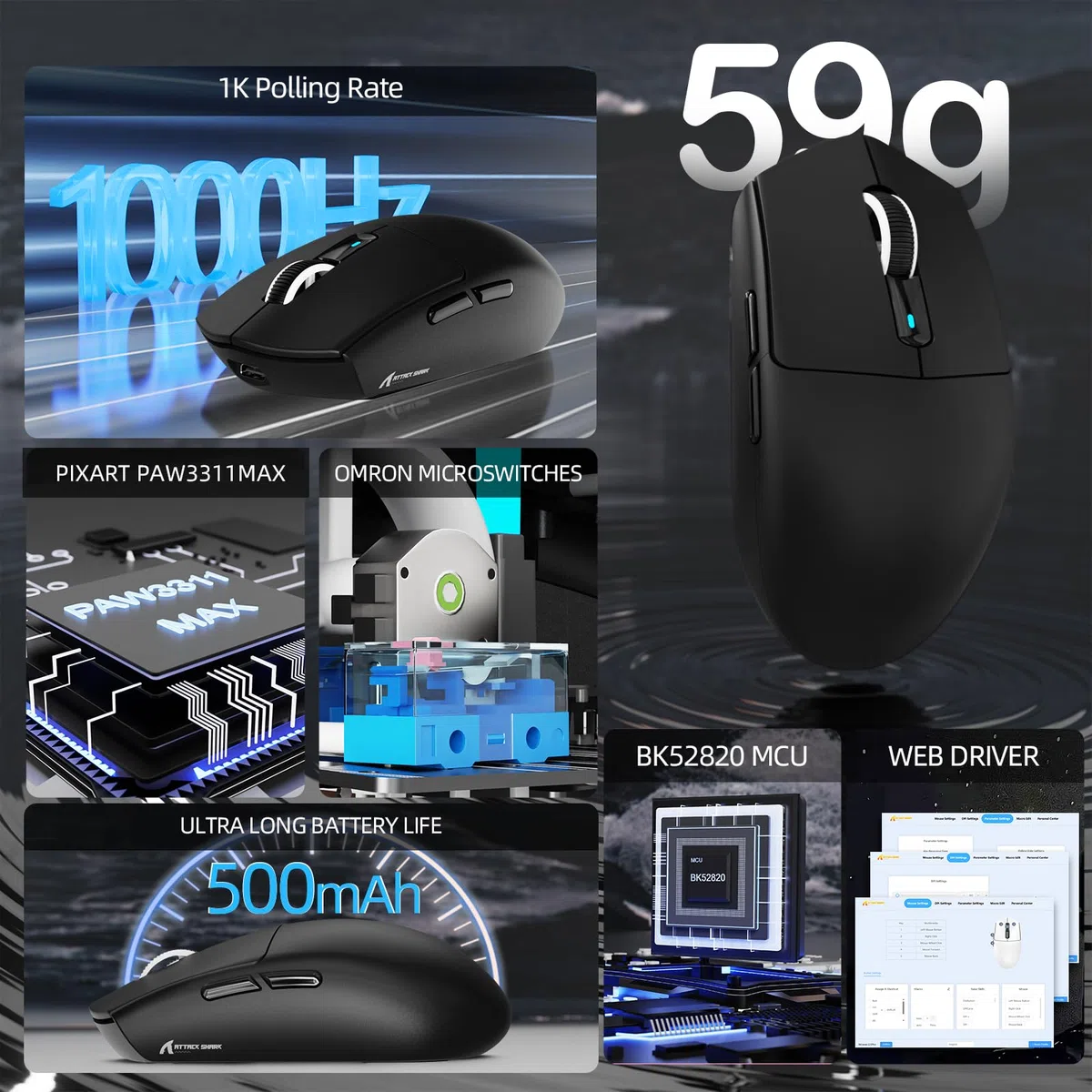 ATTACK SHARK G3PRO Ratón Inalámbrico para Juegos con Base de Carga Magnética, Sensor PixArt PAW3311, 25000 dpi, Bluetooth/2,4GHz/Cable, 100M Clics, 59g Ratón Superligero para PC/Xbox/Mac (Negro)
