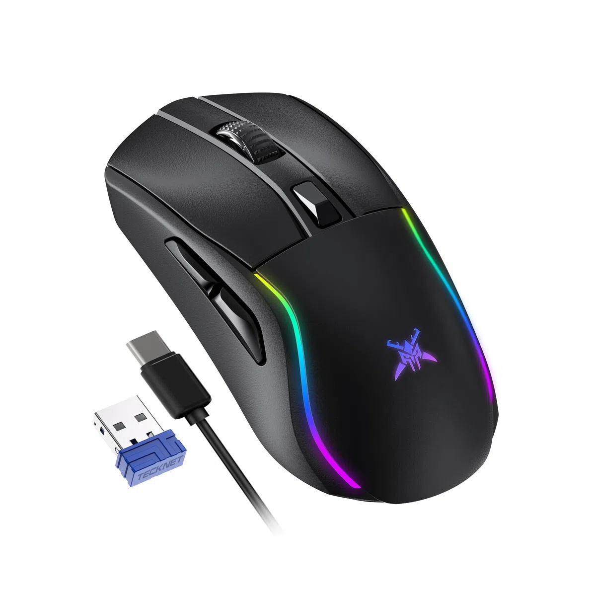TECKNET Ratón Gaming Inalámbrico 24000 dpi, Conexión Bluetooth / 2.4G / USB-C, Recargable, 1000 Hz Tasa de Sondeo, 6 Botones Programables y Luces RGB Personalizables, Ergonómico para PC/Mac