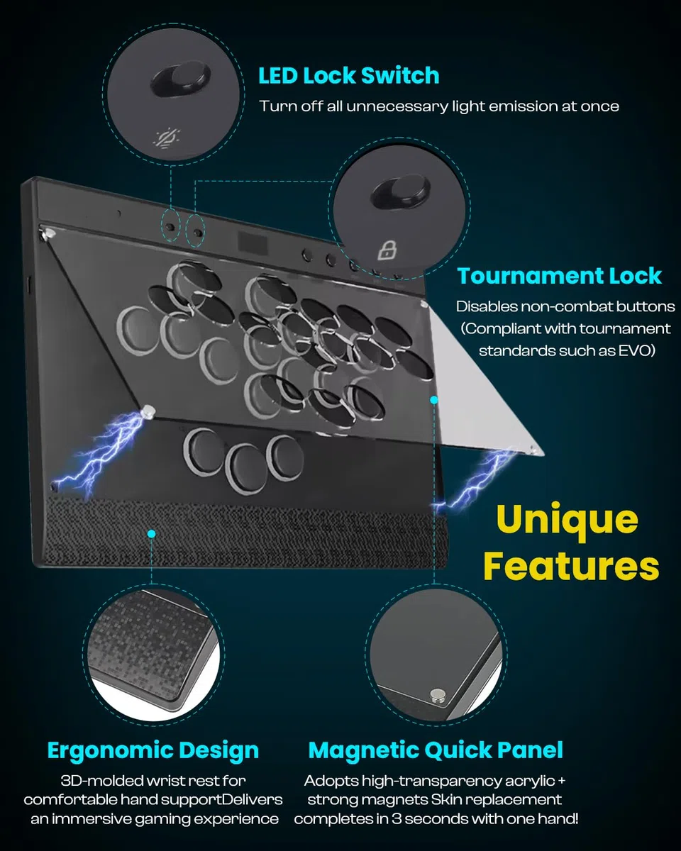 Sehawei Haute42 C16 Leverless Arcade Controller - Magnetic Detachable Panel para DIY Art, RGB Button Rims, Tournament Lock Switch - Compatible con Switch 2/Switch/PC/PS3/PS4/Steam