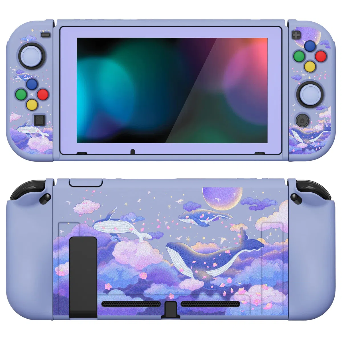 PlayVital ZealProtect Funda Protectora Suave para Nintendo Switch Accesorios Carcasa con Protector de Pantalla & Tapas de Agarre para el Pulgar & Pegatinas de ABXY Dirección Botón(Ballena en Sueño)