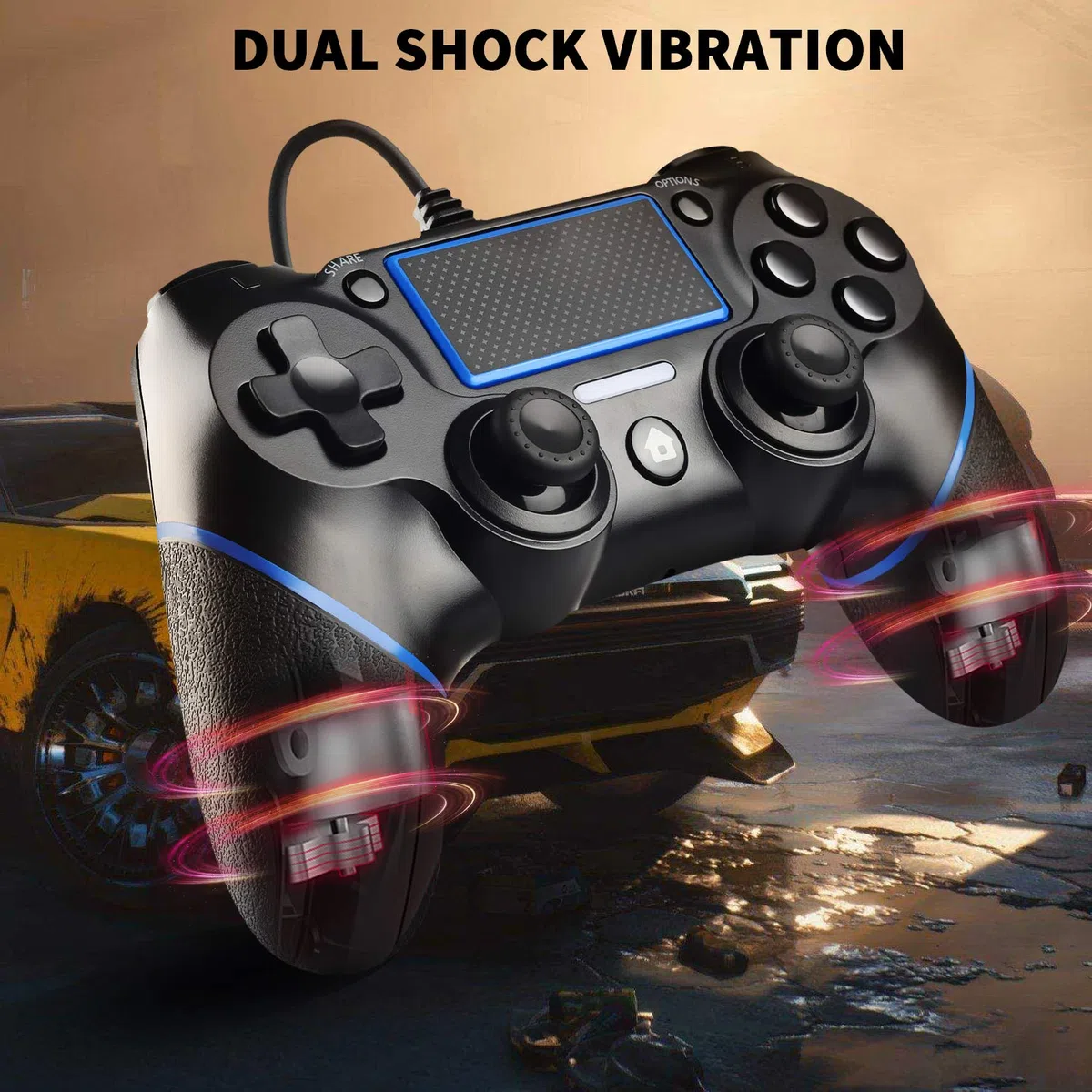 Mando para PS-4, Controlador De Juegos Con Cable para Play-Station4 / Pro/Slim/PC, Gamepad Con Vibración Dual, Agarre Antideslizante y Cable USB De 2,1 m（Negro）