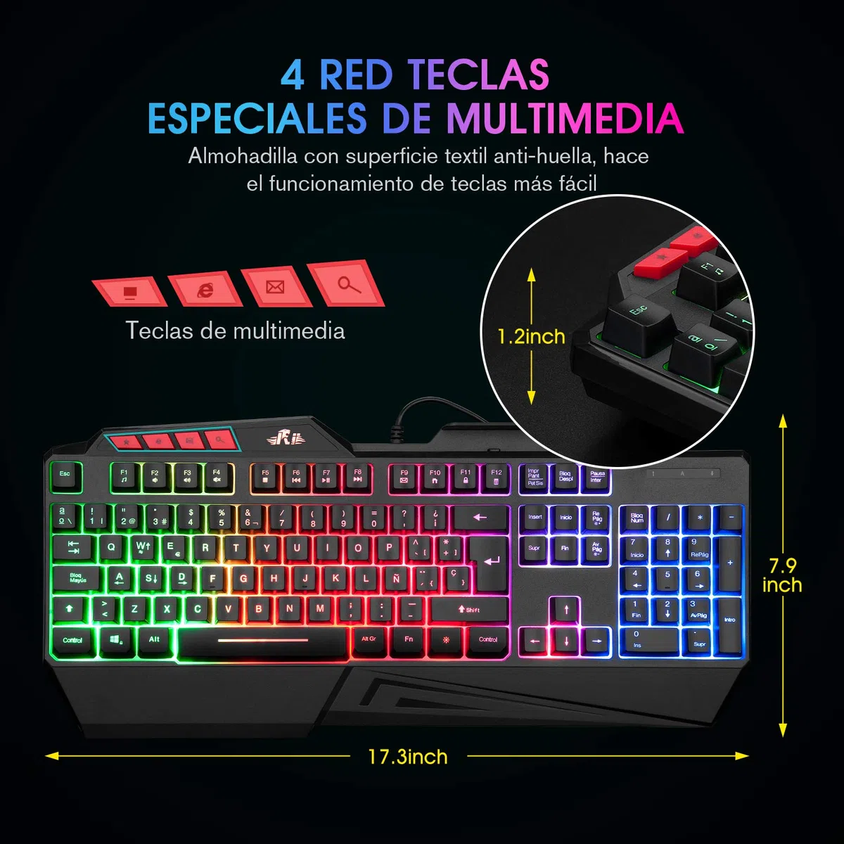 Rii Teclado Gaming, RK202, Retroiluminado LED con Cable USB para PC/Laptop / PS4 / Xbox One (Español, Negro)