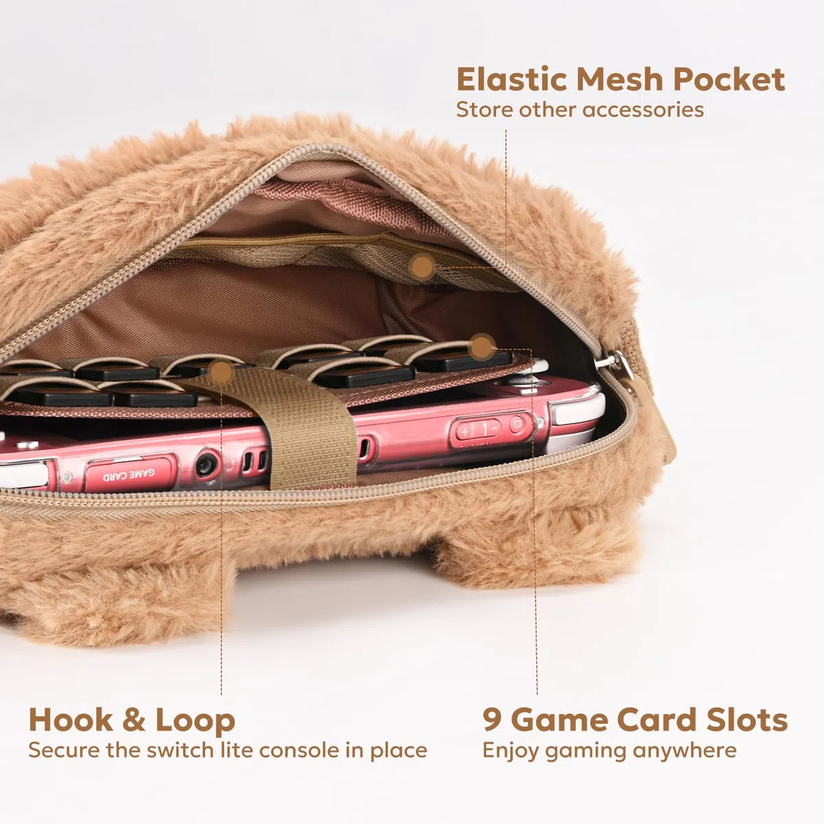 Funda innoAura Switch Lite, paquete de accesorios 14 en 1 con una bonita funda de transporte, protector de pantalla, funda para el juego y tapas para los pulgares (Oso marrón)