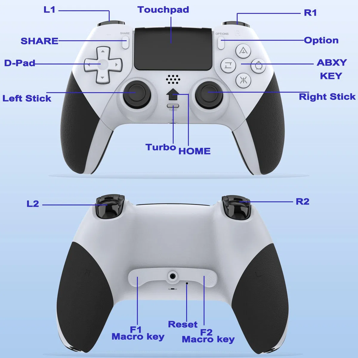 RCCBOOST Mando Inalámbrico para PS4, Mando PS4 con Conector para Micrófono y audio, Mando P4 con Doble Vibración y Giroscopio de Seis Ejes, Macro, Turbo, Pantalla Táctil, Batería de 800mah
