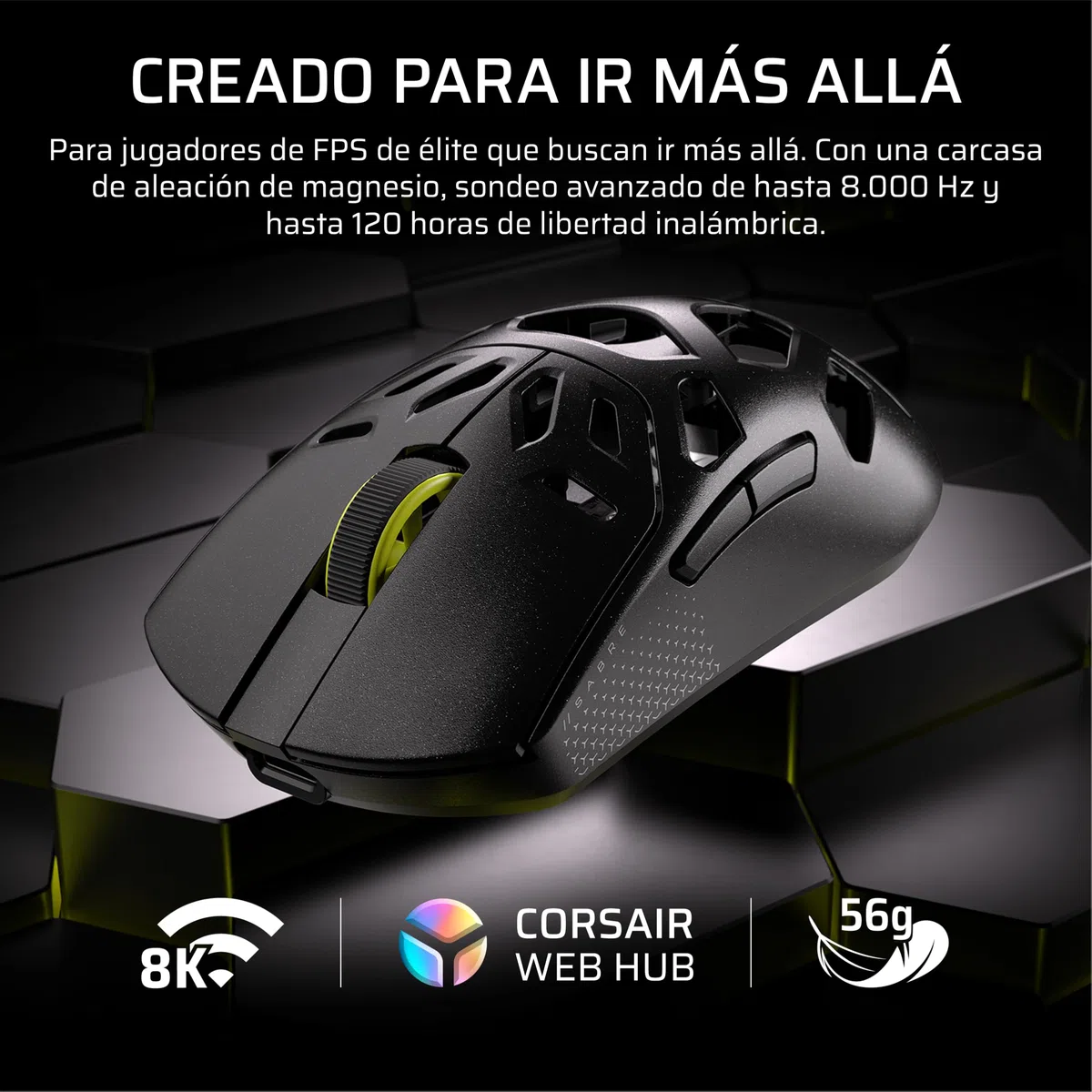 Corsair Sabre v2 Pro Wireless MG FPS Ratón para Juegos – Negro | Sensor MARKSMAN S de 33 000 ppp, Sondeo Avanzado de 8.000 Hz, Magnesio Duradero, Ligero, Batería de Hasta 120 Horas