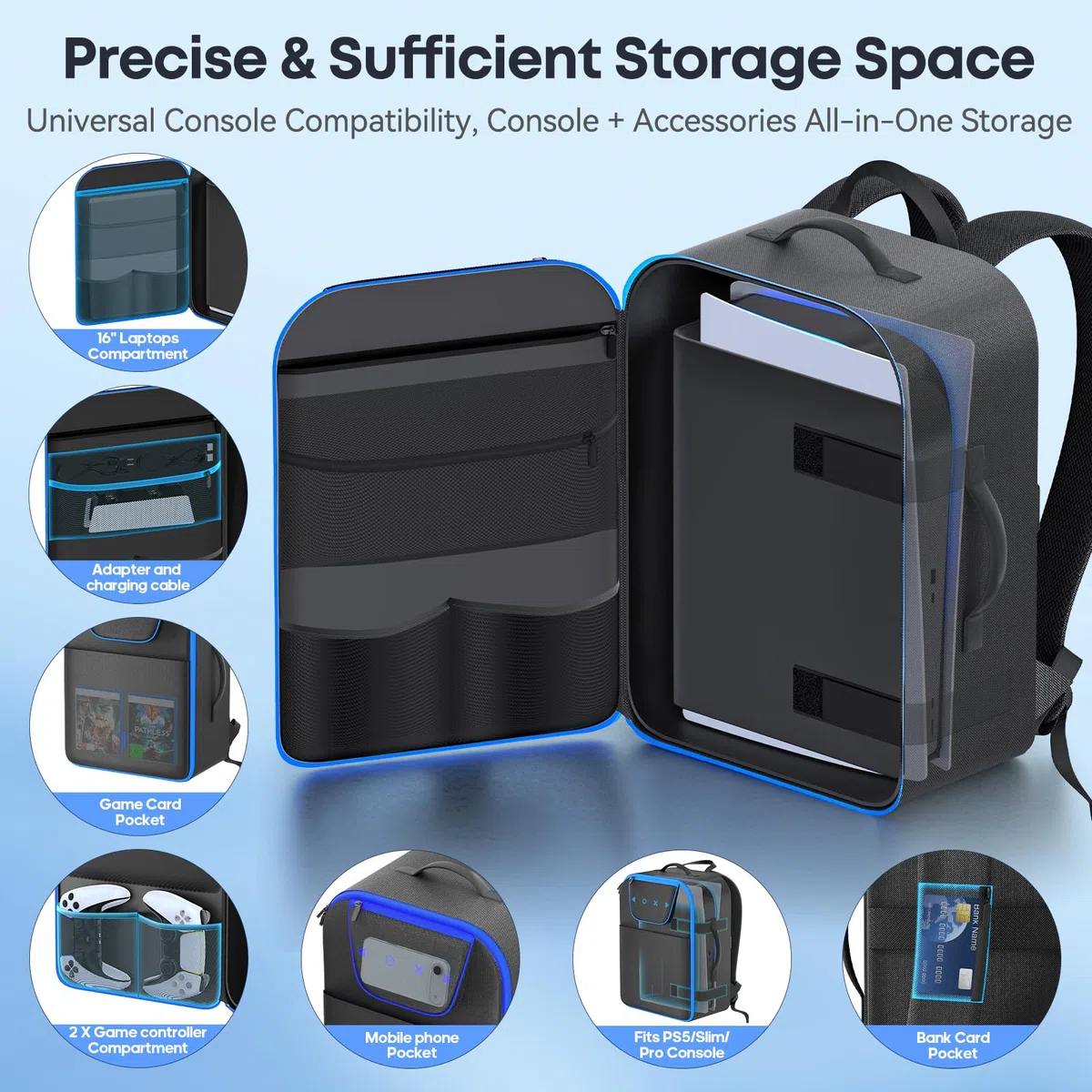 Mochila de Transporte para Consola PS5/Slim/Pro, Bolsa de Almacenamiento para PS5 de Gran Capacidad para Portátil de 16'', Funda para PS5 Accesorio para Mando P5, Auriculares y Discos