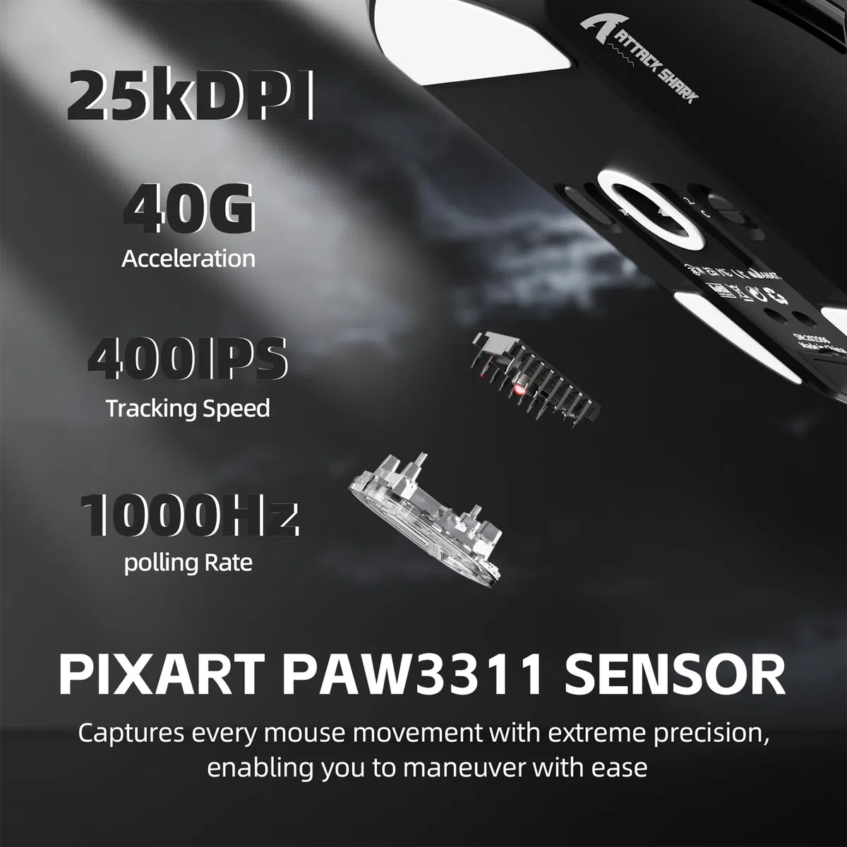 ATTACK SHARK G3PRO Ratón Inalámbrico para Juegos con Base de Carga Magnética, Sensor PixArt PAW3311, 25000 dpi, Bluetooth/2,4GHz/Cable, 100M Clics, 59g Ratón Superligero para PC/Xbox/Mac (Negro)