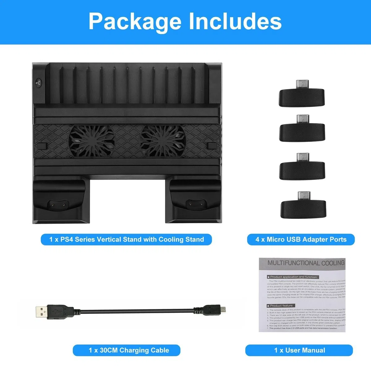 EEEKit Soporte con Ventilador para PlayStation 4, PS4 Pro Ventilador de Refrigeración para PS4 Slim con Estación de Carga para 2 Mandos, Hub USB, Almacenamiento para 12 Juegos