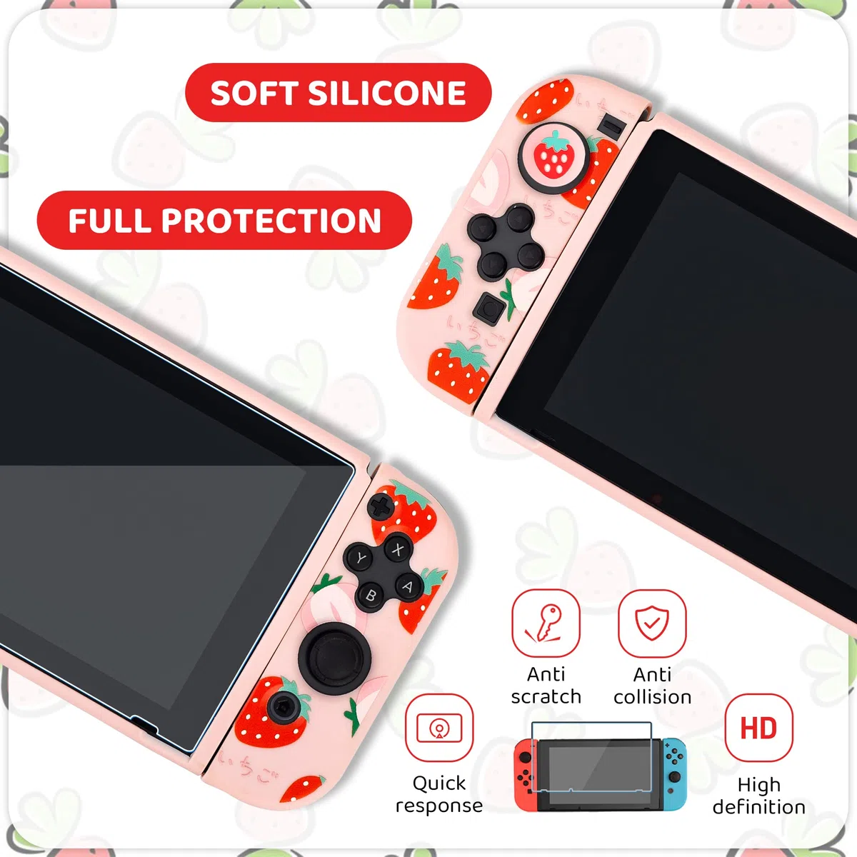 RHOTALL Bonita funda de transporte de fresa para Nintendo Switch, funda de viaje portátil rígida para accesorios de Switch con carcasa protectora, correa para el hombro, funda para tarjetas de juego,