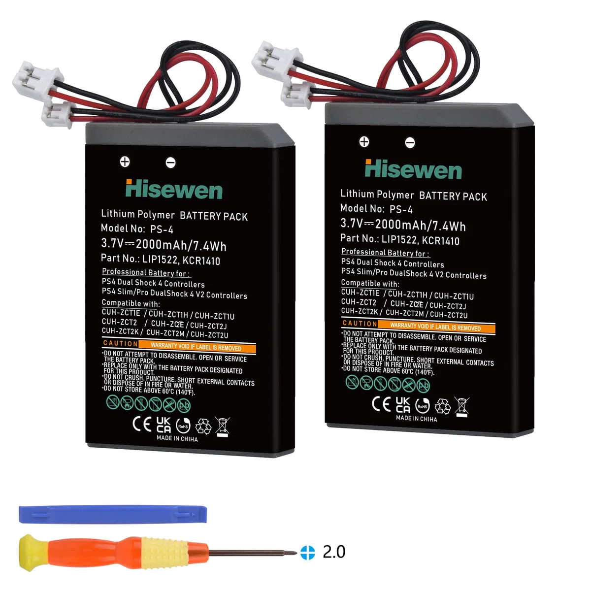 Batería Mando PS4, Hisewen 2Pack 2000mAh PS4Pro LIP1522 KCR1410 Baterías para Sony PlayStation 4 Dualshock 4 V1 V2 Mando CUH-ZCT2 CUH-ZCT2E CUH-ZCT1E CUH-ZCT1U