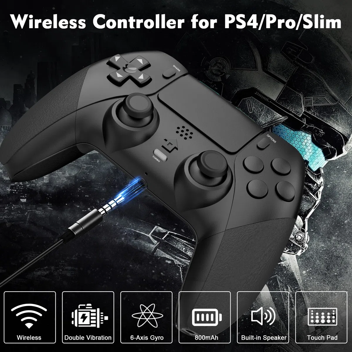 Tefelan Mando para PS4, Game Mando Inalámbrico para P4/Slim/Pro Gamepad Joystick con Turbo, Programable Botón, Dual Vibración, 6 Axis Gyro Sensor, Touch Panel, Audio Jack Speaker-Negro