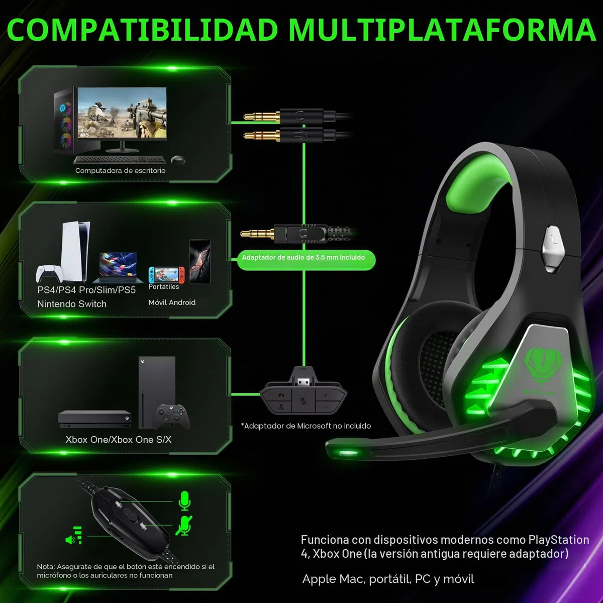 Pacrate Auriculares para Videojuegos 2023 - PS4 PS5 PC Xbox One, Xbox Series X - LED Clarity Sound con Micrófono de Cancelación de Ruido de 3,5 mm (Negro Verde)