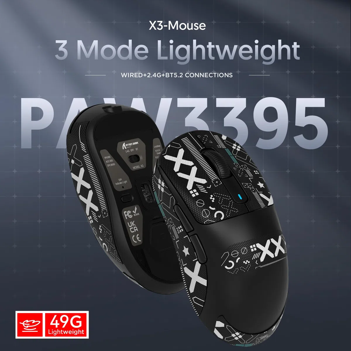 ATTACK SHARK X3 49g Superlight Mouse con Cinta, PixArt PAW3395 Gaming Sensor, BT/2.4G Wireless/Wired Gaming Mouse, 6 dpi Ajustable 26000, 200 Hrs Battery, Office Mouse para Win11/Xbox/PS/Mac (Negro)
