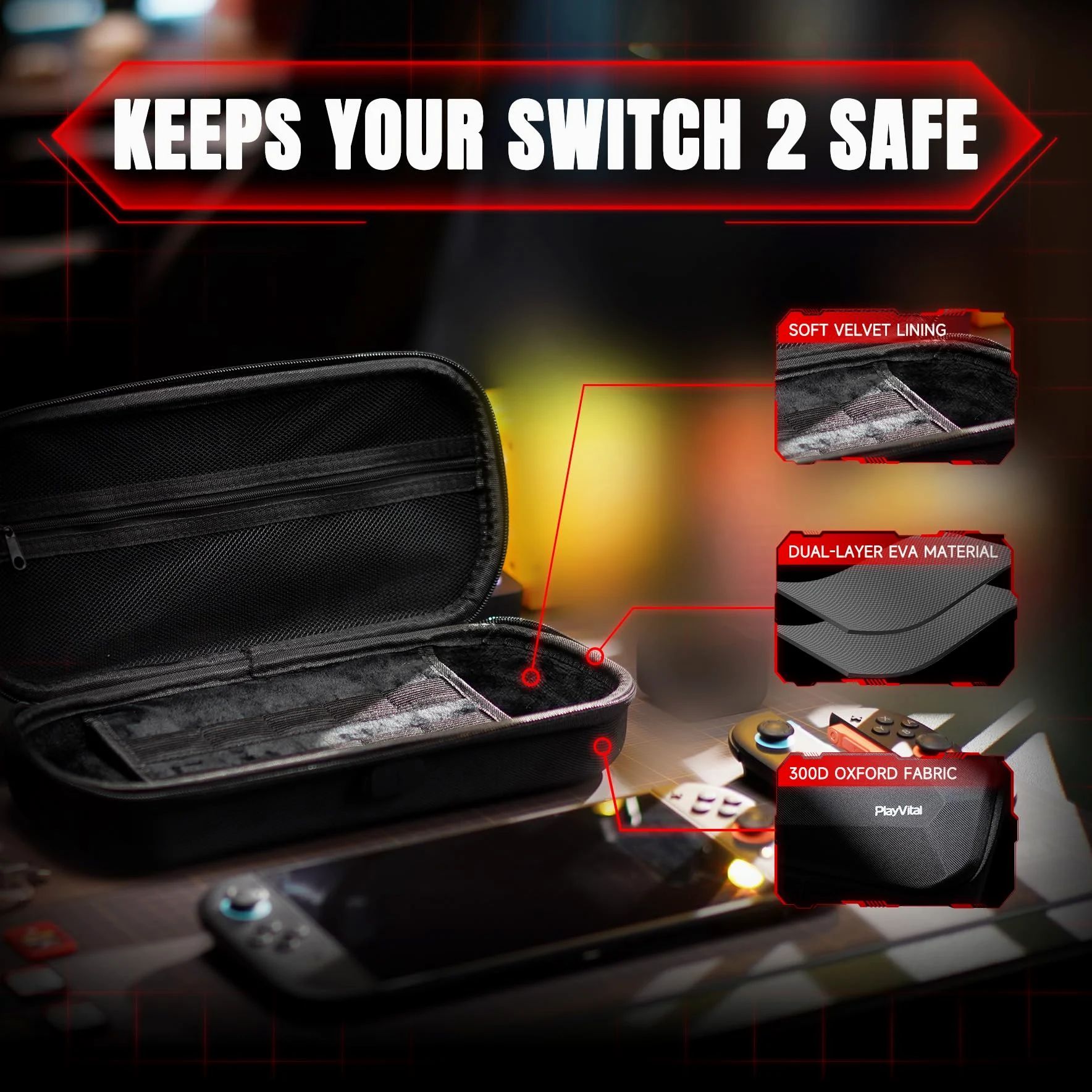 PlayVital Funda para Nintendo Switch 2 Accesorios, Estuche de Transporte con Puerto de Carga, Funda de Viaje Portátil con 10 Ranuras para Tarjetas de Juego, Protectora Antigolpes para Switch 2 (Negro)