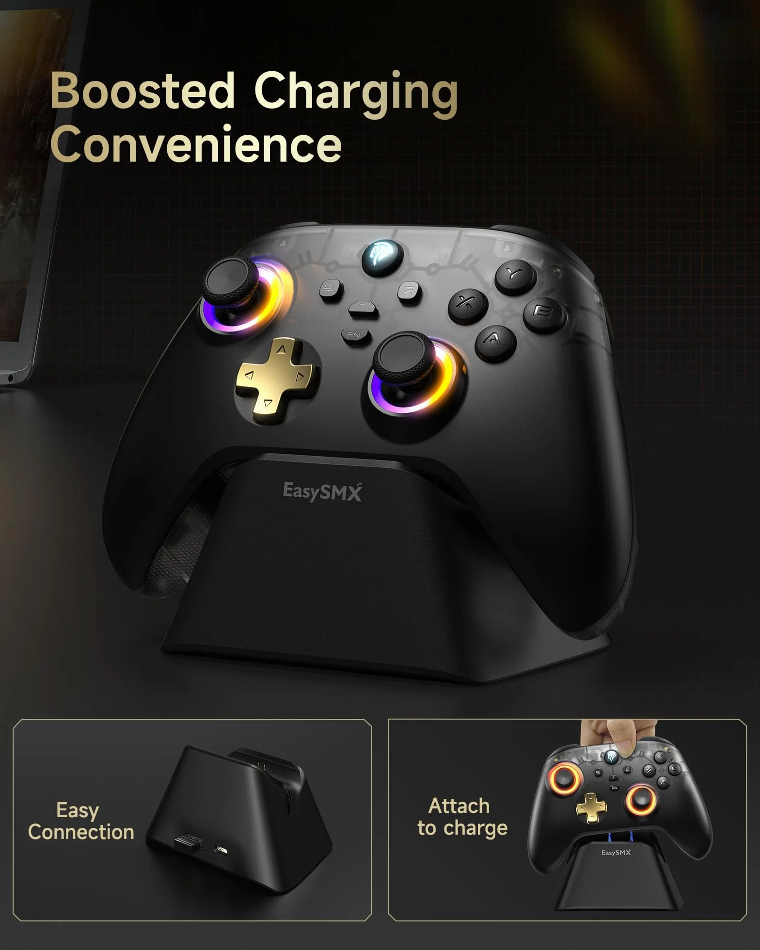EasySMX D05 Mando PC Inalambrico con Base de Carga - RGB Luz - Hall Joystick - Hall Trigger, Gamepad con 1000 mAh Batería Recargable- Vibración - Turbo- para PC/Switch/Móvil - Negro