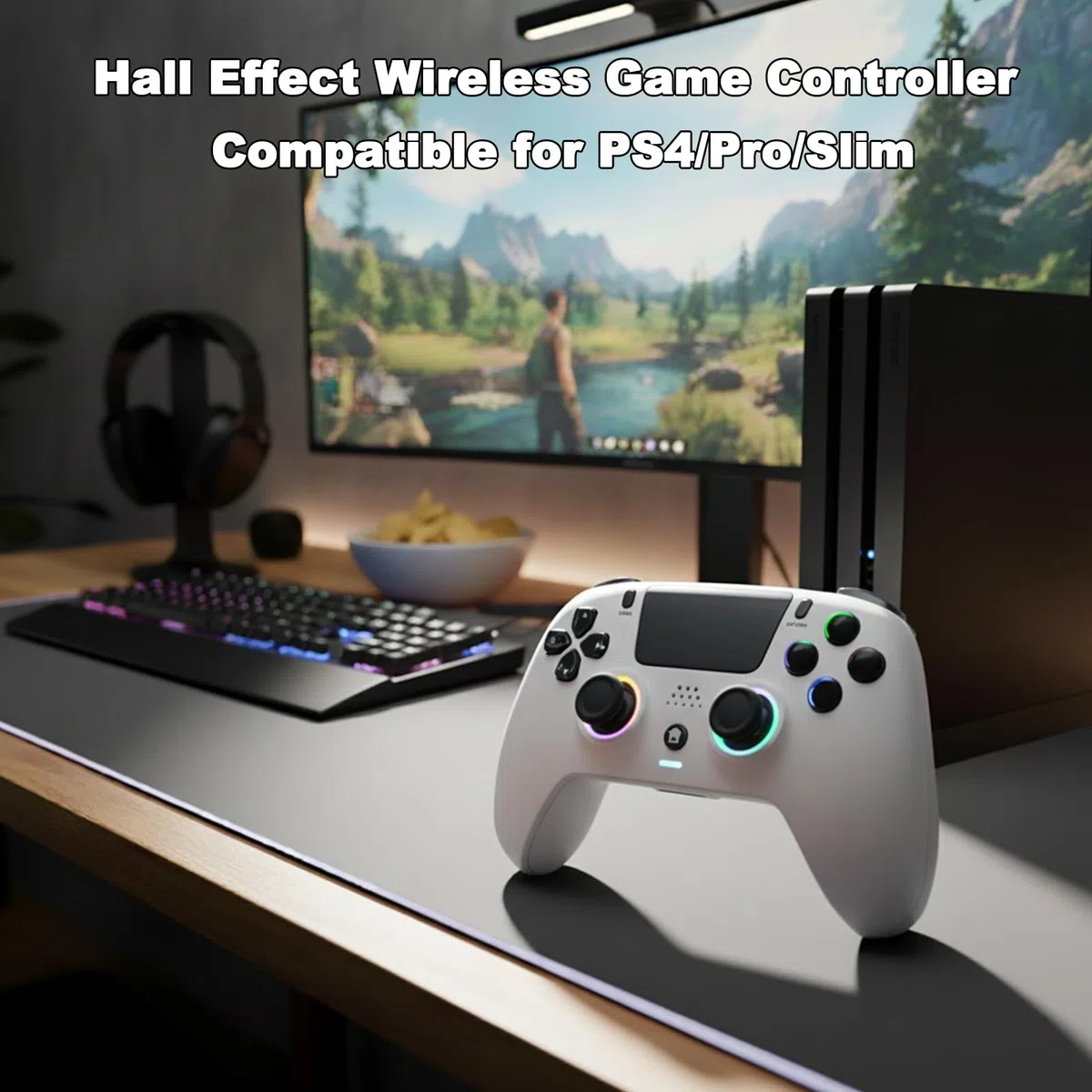 DuLingKer Mando Inalámbrico Compatible con PS4/Pro/Slim, Hall Effect Mando con Hall Joystick/Trigger(Sin Deriva), Vibración, Luz RGB, Audio/Micrófono, Botón M1/M2, Bluetooth Mando Compatible con PS4