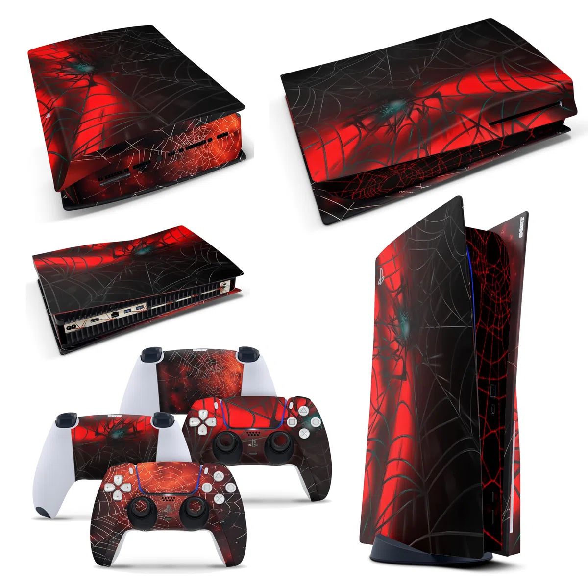 giZmoZ n gadgetZ GNG PS5 - Calcomanía de vinilo de caoba para consola de disco, diseño de araña y 2 fundas de controlador
