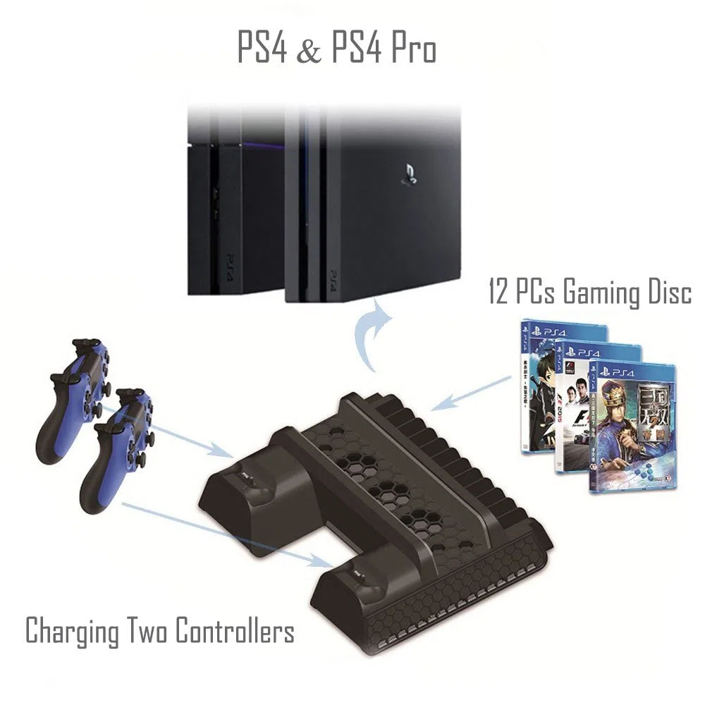 ElecGear Playstation 4 Refrigeración Soporte Vertical con Ventiladores, Estación de Carga de Mandos Charger Cargador con 12x Juego Stand para DualShock 4 Controller y PS4, PS4 Slim, PS4 Pro